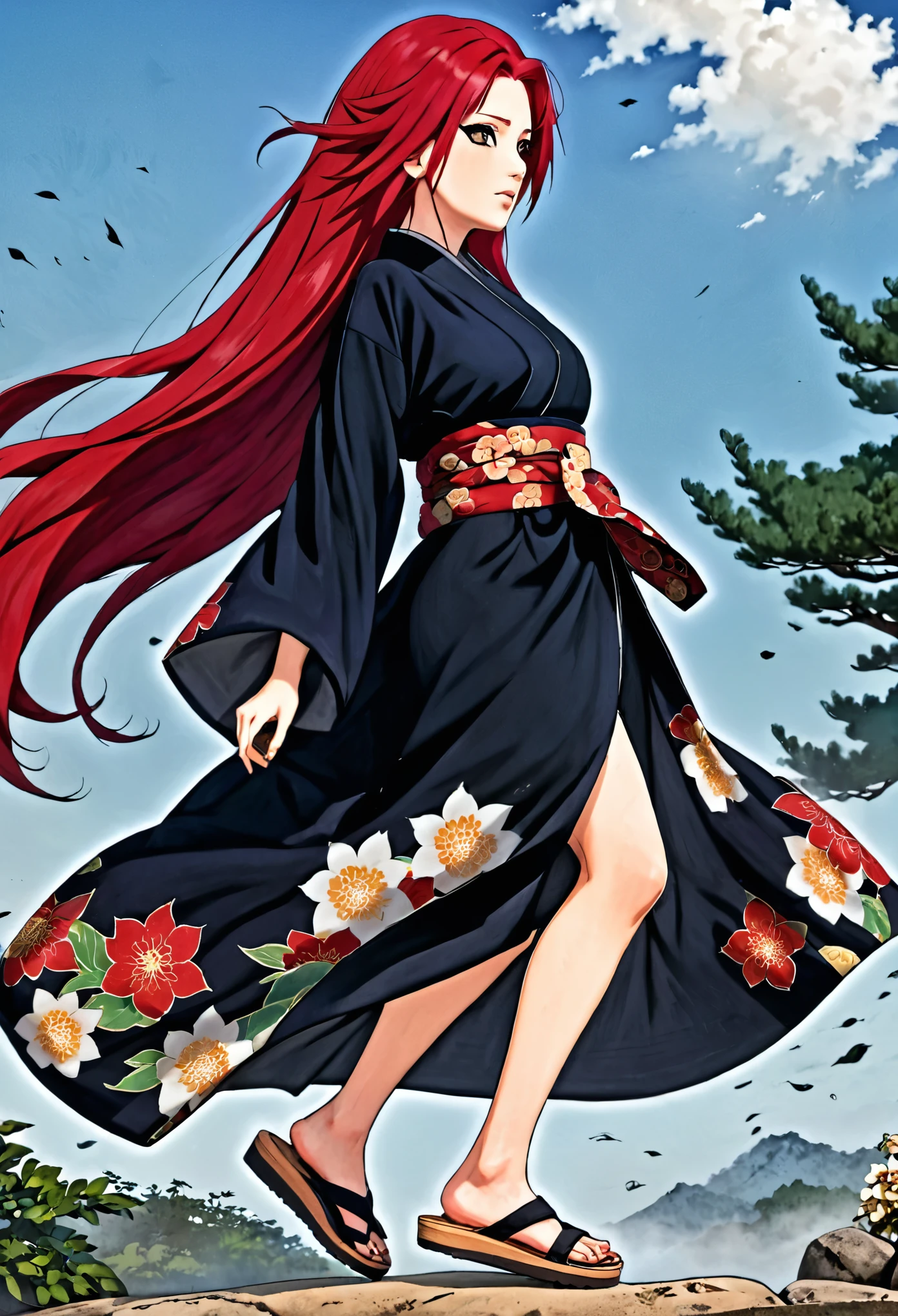 Kushina Uzumaki Asian woman with long red hair, dark kimono with floral details on the edges, dark kimono with waist sash, typical oriental wooden sandals, red hair in the wind, manga style art