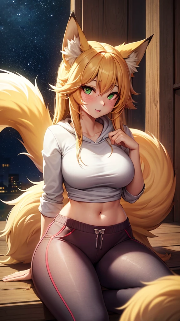 Hairy, orange fur, ultra cute face, green eyes, long blonde hair, medium breasts, dark orange elements in the fur, bright t-shirt, beautiful lights and shadows, ambient light, ultra detailed hair, volumetric light, cute fox tail, low-cut t-shirt, white panties