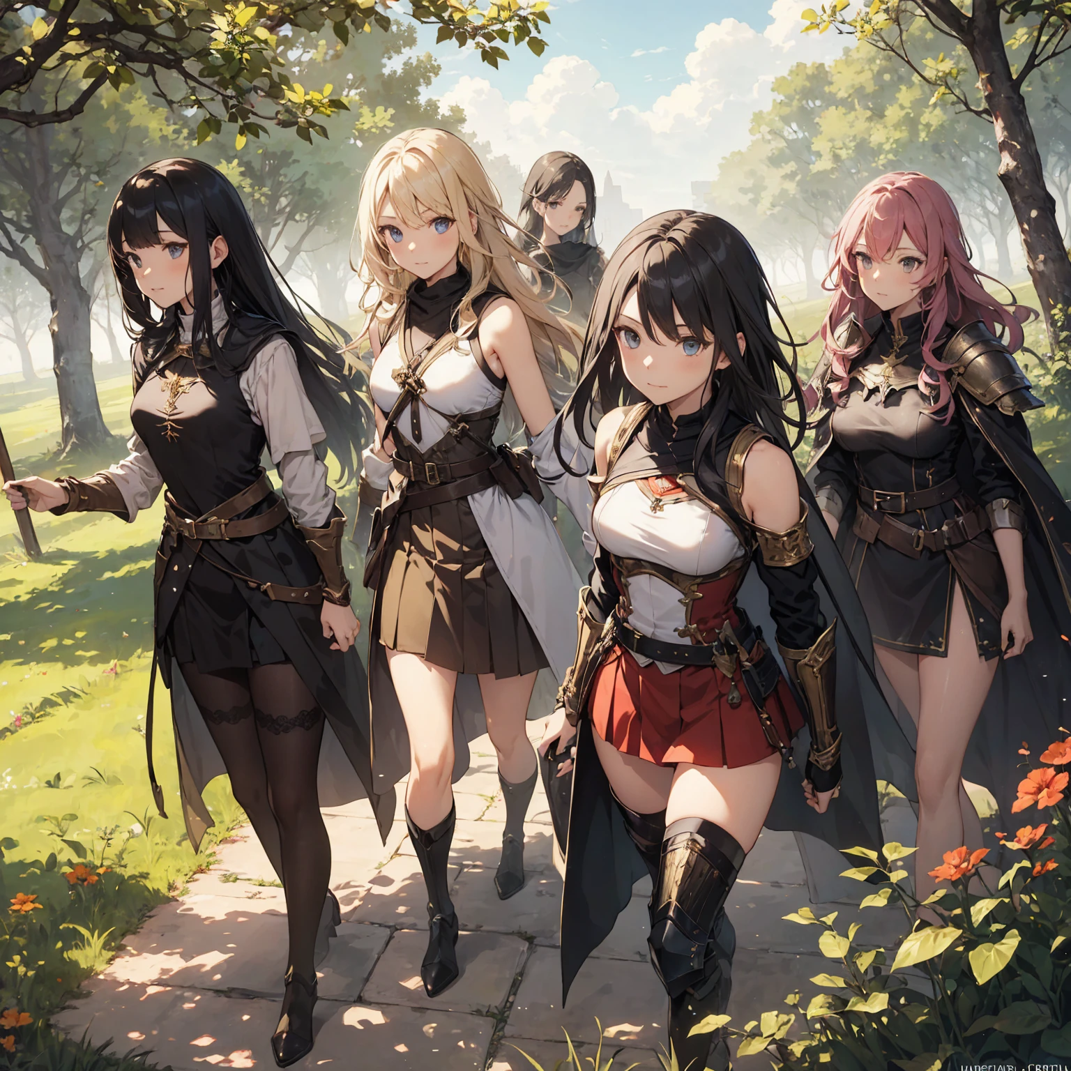 A group of  female knight, (in forest), various hair styles, harem, wearing armored clothes, metal armor, night, details face, , short skirt, seducing, sword, showing armpits, sleeveless