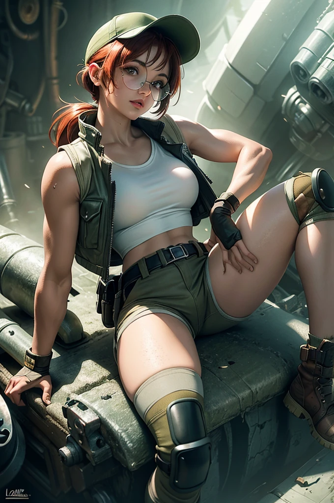 Fio Germi, Fio Germi from Metal Slug, lora.fio, round glasses, redhead, many freckles, pony tail hair, fringe, green eyes, wearing a white top, brown shorts, black torn tights, knee pads, black fingerless leather gloves, cap, green cap, black military boots, open green millitar mid jacket, beautiful detailed eyes, beautiful detailed lips, and extremely detailed face, hyperrealistic, 8k, photorealistic, concept art, digital painting, dramatic lighting, vivid colors, (insanely detailed, beautiful detailed face, beautiful detailed eyes, masterpiece, best quality), ruined city background, warzone, intricate background details, intrincate clothes patterns, sweet smilem running