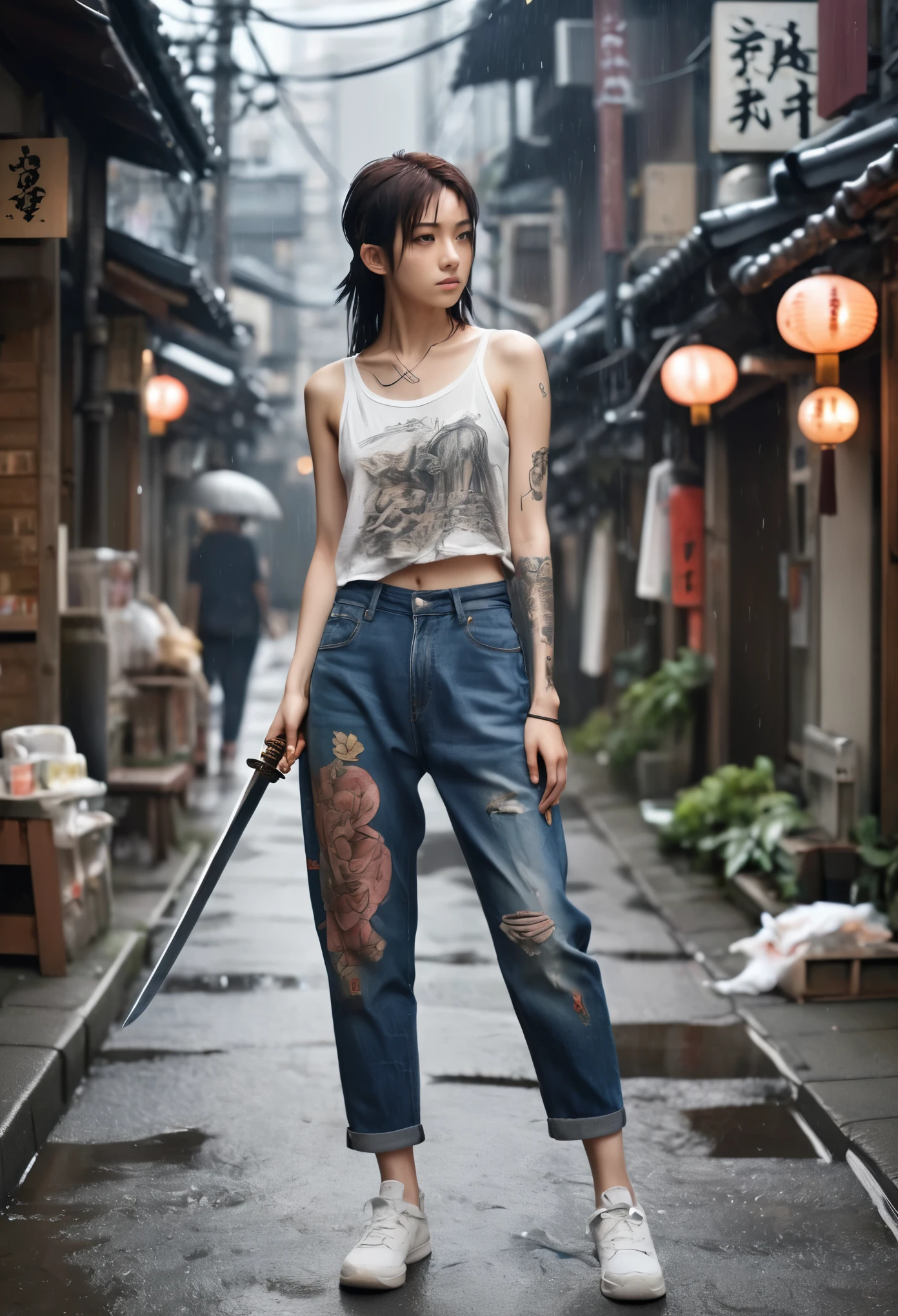 ８ｋ,Realistic Skin Texture、Superrealism、Realistic Photo、Japanese women、、Standing with a Japan sword、draw oneself up to one's full height.、The tip of the sword is pointed towards me、Tank top,Oversized jeans、sneakers、Shinjuku Back Alley、Innovative composition、Full body photo、、A wistful look、Tattoo、rain