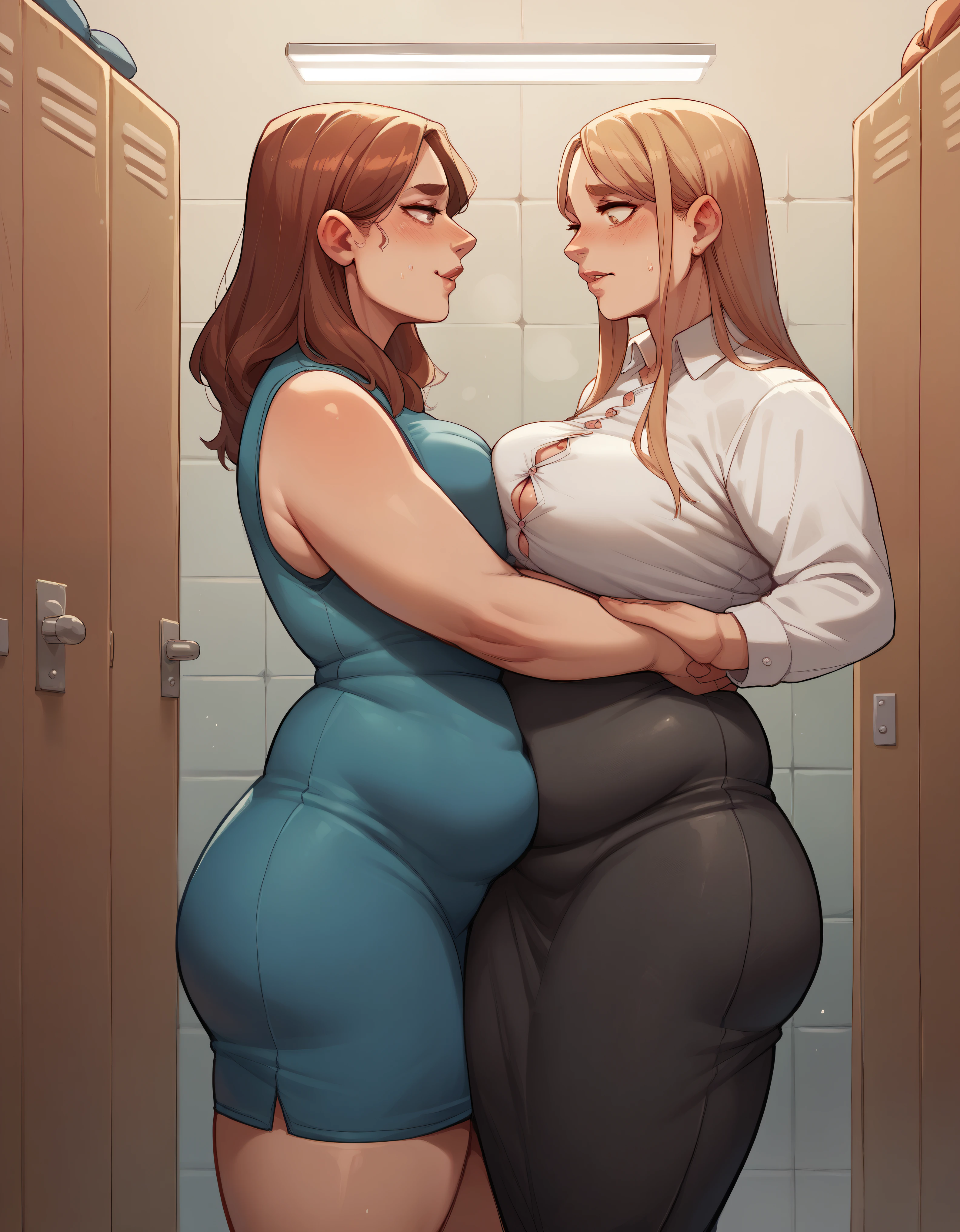 Best quality,((two women in a changing room)) extremely caloric fattening (gain weight) ((very small fitting room)), ((uncomfortably tight room)) really tight casual dress, , she gracefully carries all that extra weight, button gap ((pressed together))