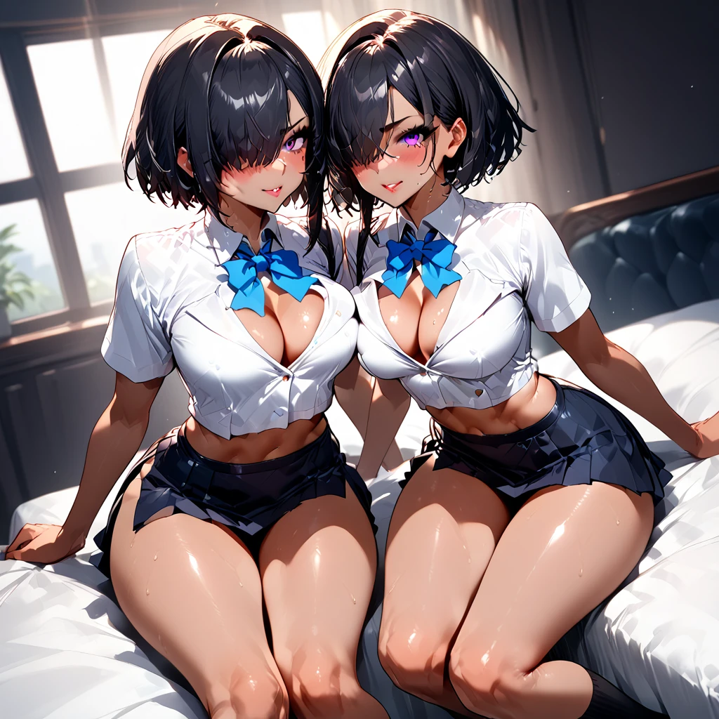 ((amazing quality, great quality, top quality, very aesthetic, aesthetic, best quality)),black tied short sleeves school blouse uniform,Black microskirt,perky breasts gal,cleavage,midriff baring outfit,dark skin,black socks,black hair,short hair with long locks,hair over one eye,Rouge lips,eyes half open,Perfect Anatomy,One girl, High resolution, smile, 