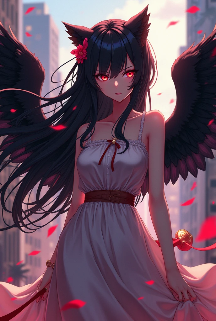 best quality, 16k, super fine illustration 
, extremely detailed CG , masterpiece, official art
,1girl, solo, long hair, breasts, looking at viewer, blush, bangs, skirt, black hair, dress, bare shoulders, medium breasts, standing, thighs, red hair, multicolored hair, cowboy shot, outdoors, wings, sky, sleeveless, cloud, black skirt, medium hair, water, black dress, from side, two-tone hair, looking to the side, sideboob, floating hair, sleeveless dress, bird, building, feathered wings, backlighting, black wings, sunset, colored inner hair, pleated dress, bracer
 , , [slow shutter speed] , [perfect anatomy]
 , , [Professional certification] , [best shadow]
 ,, , [natural light] ,, , [natural reflection],