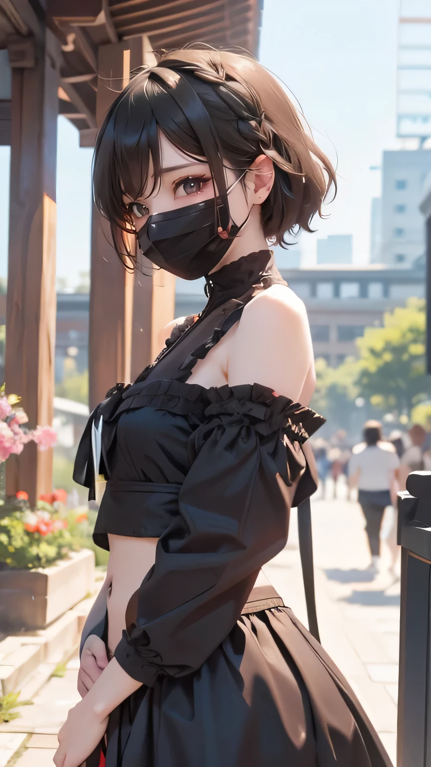 perfect quality, 、8K picture quality、best quality、masterpiece、Detailed image quality,masterpiece, 4K,8K,Ultimate quality, 1 Girl, Solitary, Skinny, slender Body, ((Wear black_mask)),_Hanfu_Set, assassin, Ninja, ta Fashion, navel open, Shoulders open, short_hair, superior_Body, Vague_Urban_background, from the side,