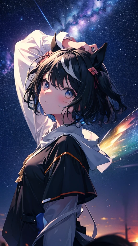 Small Girl,Enlarge the background,Starry Sky,Girl looking up,High resolution, masterpiece, Highest quality, Ultra high definition, Illustration, Artistic, Super detailed, Super detailedな, Romanticism, move,Black Hair, Horse ears, Horse tail