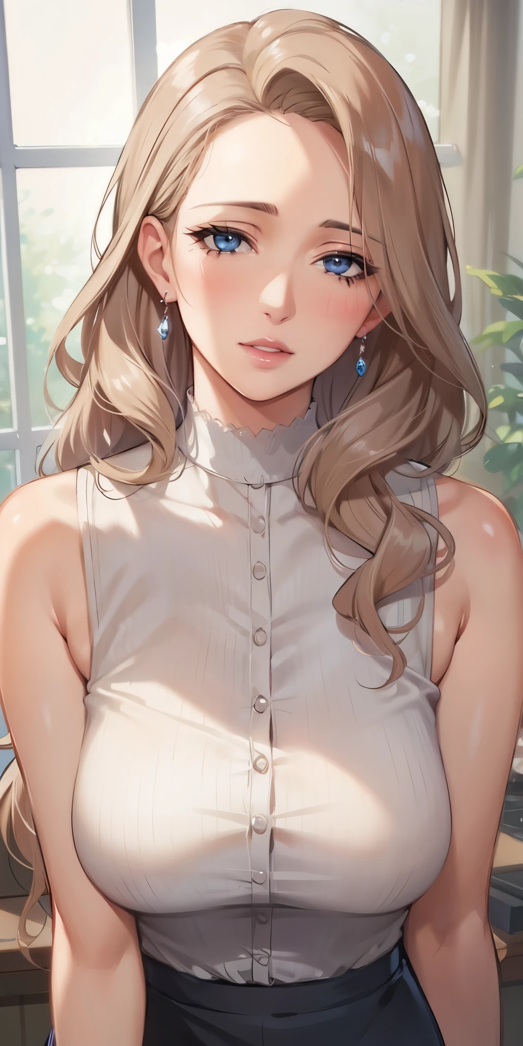 Realistic, mature woman, milf, blue eyes, blush, seductive, soft light, 4k resolution, high quality, beautiful cg