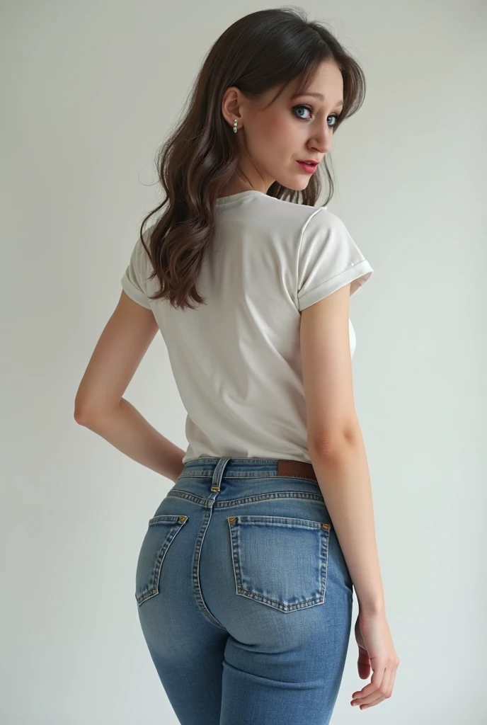 there is a beautiful woman who is standing in a room, com camiseta rasgada, denim short pants, ( ( ( wearing pants ) ) ), still photo from the back, vestindo uma blusa, manga larga cropped, Jeans curtos, mini saia jeans, shorts jeans, with natural light backdrop, Blusa branca, camisa amarrada, vestindo uma camisa e um jeans