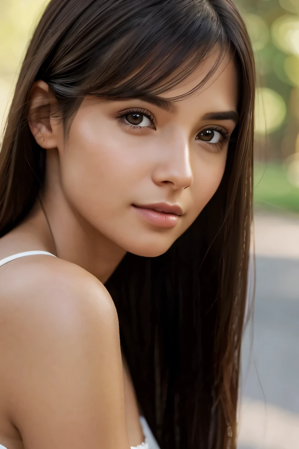 photography of stunning girl, in the city, enjoying, girl, summer, hot girl, (((big bust))), brunette hair, long_hair, looks into the camera, symmetrical face, photorealistic, photography, spectacular lighting,, gorgeous, cleavage, western, (masterpice), best quality, high resolution, extremely detailed, skin with pores, blurred background, depth of field, cinematic lighting