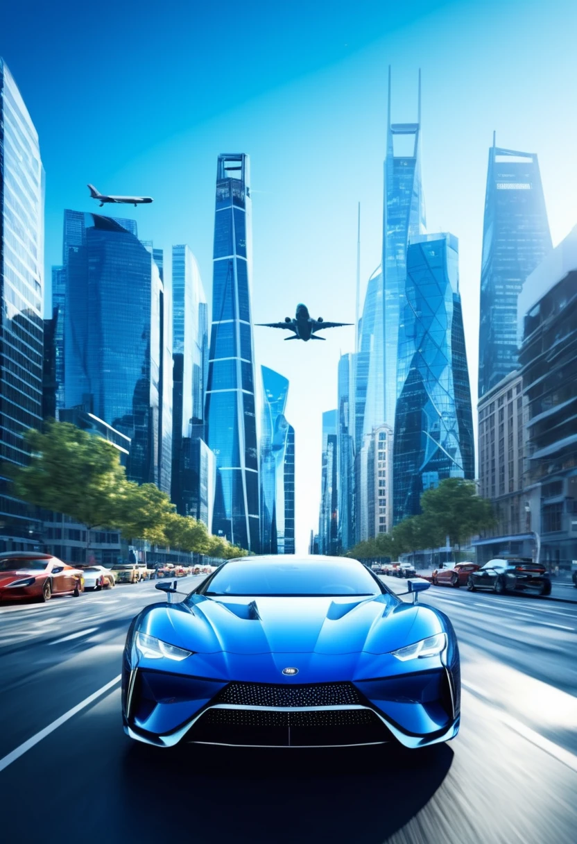 A timeline animation in 4K,  final vehicle hovers slightly above the ground, blending car and aircraft elements, set against a backdrop of a futuristic city skyline. highlighting the evolution of automotive technology.