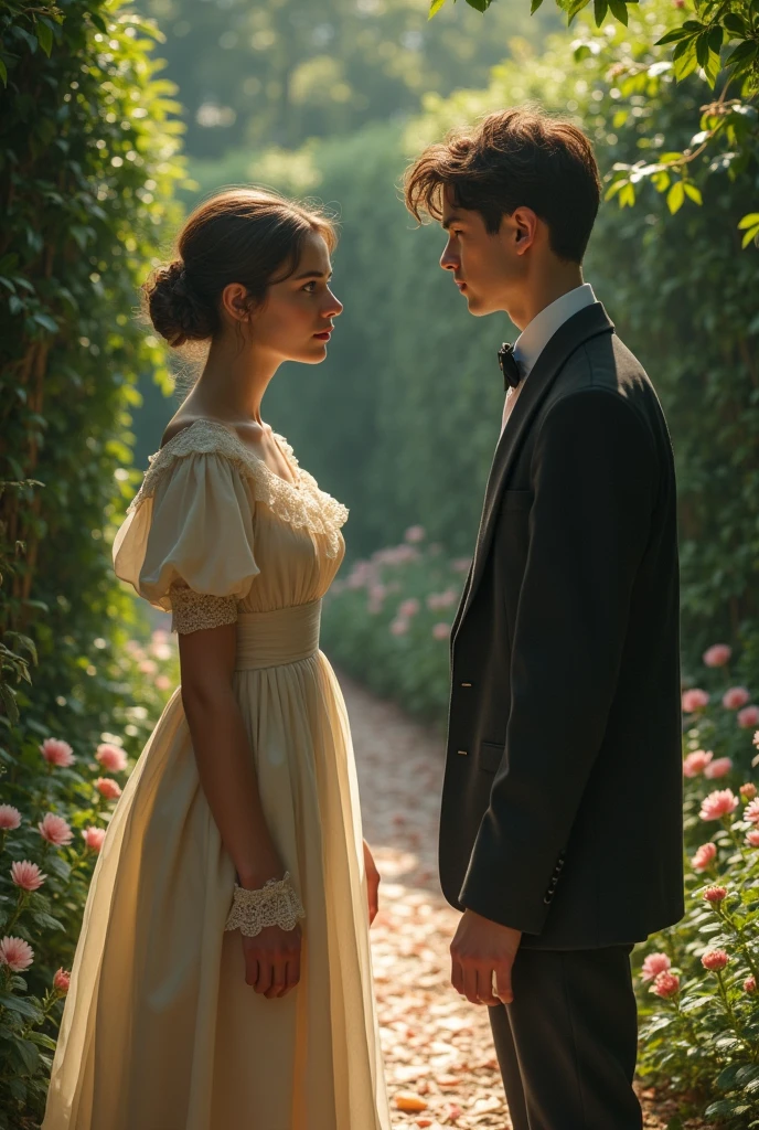 image of two silhouetted figures - one representing Anne and the other representing Marco - standing in a tranquil garden, com um convento ao fundo. The sky would be painted in shades of purple and pink, suggesting a romantic and dramatic sunset. The figures would be holding hands, with an expression of longing and tenderness in its contours. The title of the book, "Entre o Sagrado e o Proibido", estaria escrito em letras douradas e elegantes, em destaque no topo da capa.