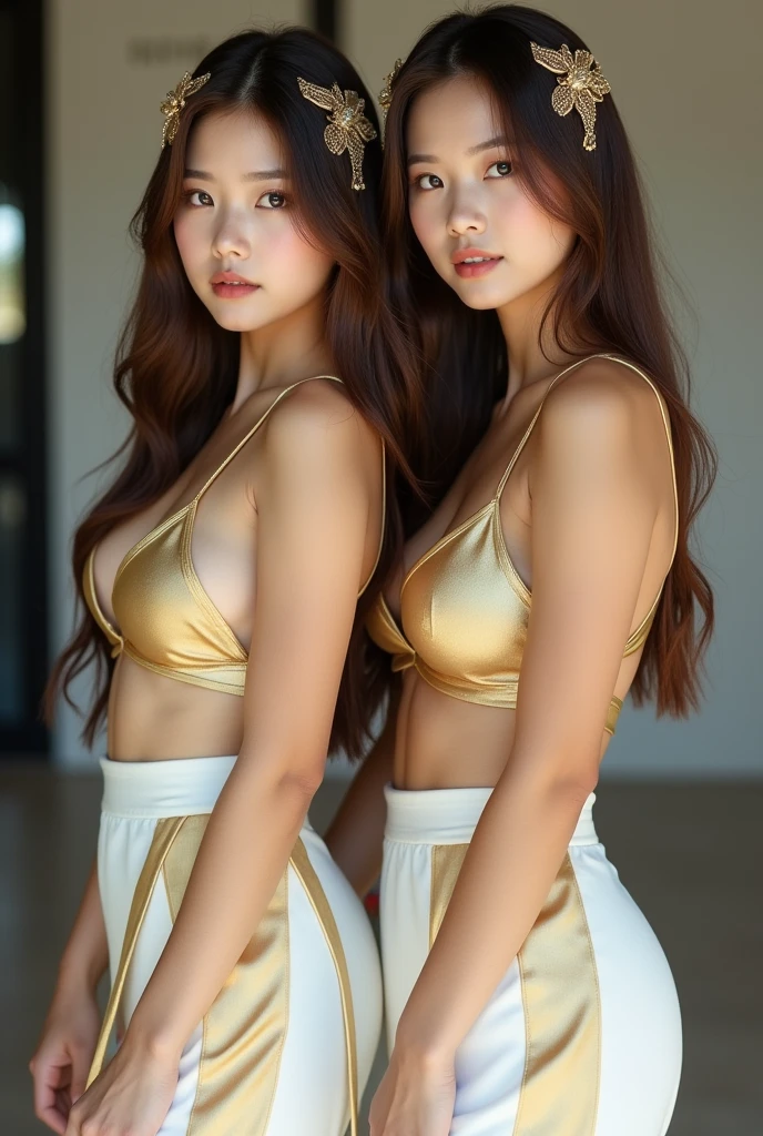 Two Asian women in orange haute couture dresses pose for photo shoot, Pose together in an orange haute couture dress, Embroidery of large roses,Colossal tits,爆乳,Colossal tits,twins, Engaging pose, two models in the frame, Hot with shining sun, Sexy Girl, Korean Girl, Two girls, sakimichan hdri, beautiful Korean women, Gorgeous young Korean woman, Realistic Young Gravure Idol, beautiful gemini twins