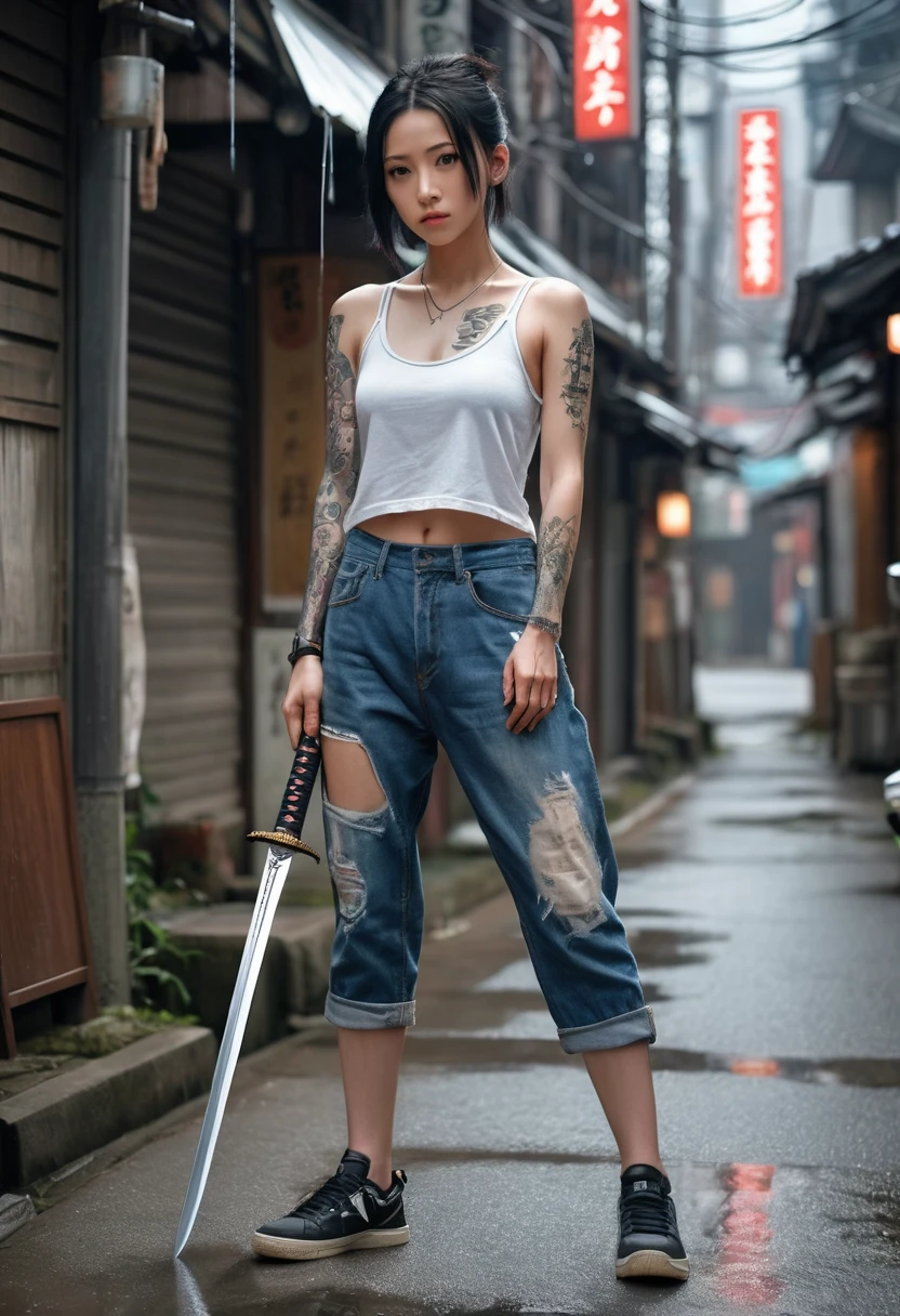 ８ｋ,Realistic Skin Texture、Superrealism、Realistic Photo、Japanese women、、Standing with a big Japan sword、draw oneself up to one's full height.、The tip of the sword is pointed towards me、Tank top,Oversized jeans、sneakers、Shinjuku Back Alley、Innovative composition、Full body photo、、A wistful look、Tattoo、rain