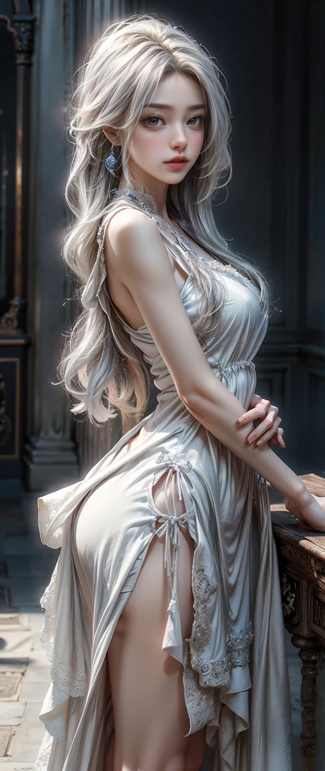 a medium build young man with white long hair and cat ears, wearing only a pink and white apron, kneeling on the floor in a pure white bedroom,his clothes soaked and revealing his defined physique, striking blue eyes, (best quality,4k,8k,highres,masterpiece:1.2),ultra-detailed,(realistic,photorealistic,photo-realistic:1.37),HDR,UHD,studio lighting,ultra-fine painting,sharp focus,physically-based rendering,extreme detail description,professional,vivid colors,bokeh