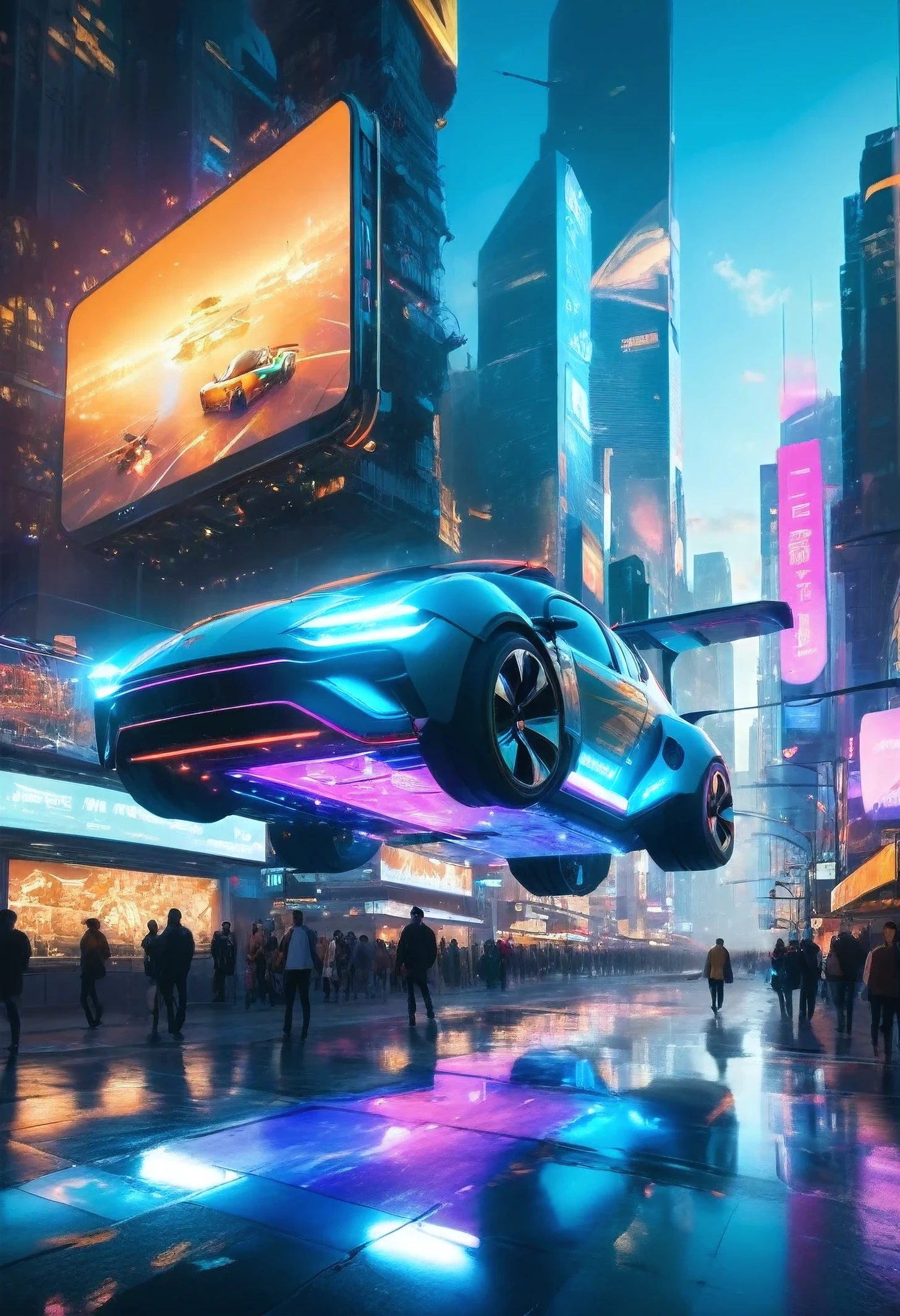 2050s - The Flying Car Concept
"Create a hyperrealistic image of a futuristic city 2050s, blending elements. wiev above a bustling, neon-lit cityscape, with glowing thrusters and wings extended. The city below features advanced architecture with floating platforms and holographic billboards. The scene is vibrant and imaginative, representing the pinnacle of automotive evolution."