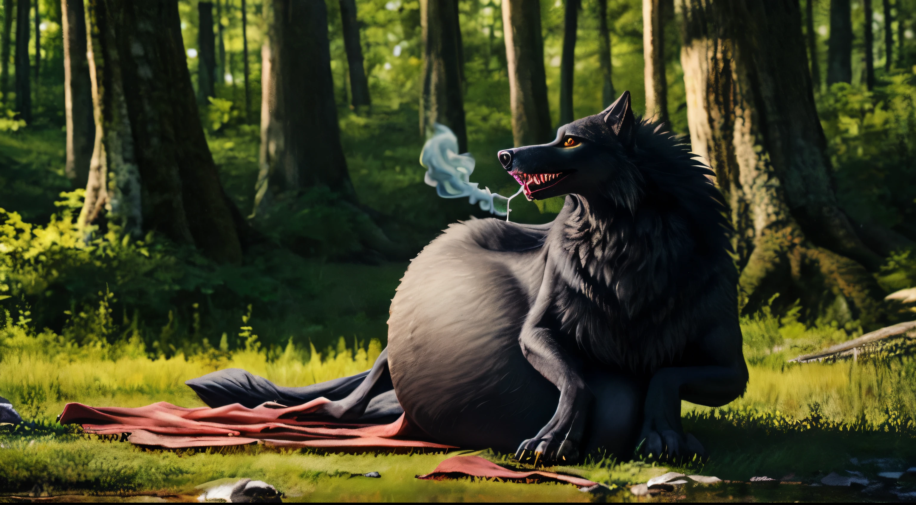 solo, high resolution, detailed, digital media \(artwork\), detailed fur, spittle, quadruped, (feral), (((big belly))), rumbling stomach, ((detailed background)), a lush green forest, ((vore)), (black fur), male, (standing), fluffy, furry, ((wolf)), (intricate, high detail, film photography, soft focus, RAW candid cinema, photorealism, realistic, photorealistic, analog style, subsurface scattering, masterpiece, best quality, ultra-realistic, 8k), canid, brown eyes, open mouth, burping, (beautiful detailed eyes :1.2), borpbod, sharp teeth, burp cloud, cloud emanata, pleased, (panting), resting, maw, looking at viewer, ((lying)), (on side), torn red cloth on ground, 