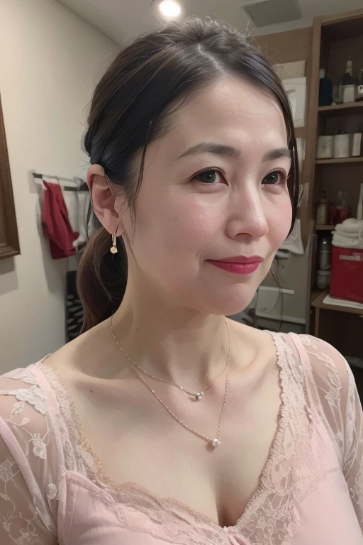 Beautiful mature Japanese woman aged 55, Married women, Long eyelashes, Low Ponytail, Red lipstick, Pink Cheeks, Pearl Necklace, Earrings, Dark eyeshadow, Leotard, Sweat, Beautiful body, Focus on the whole body