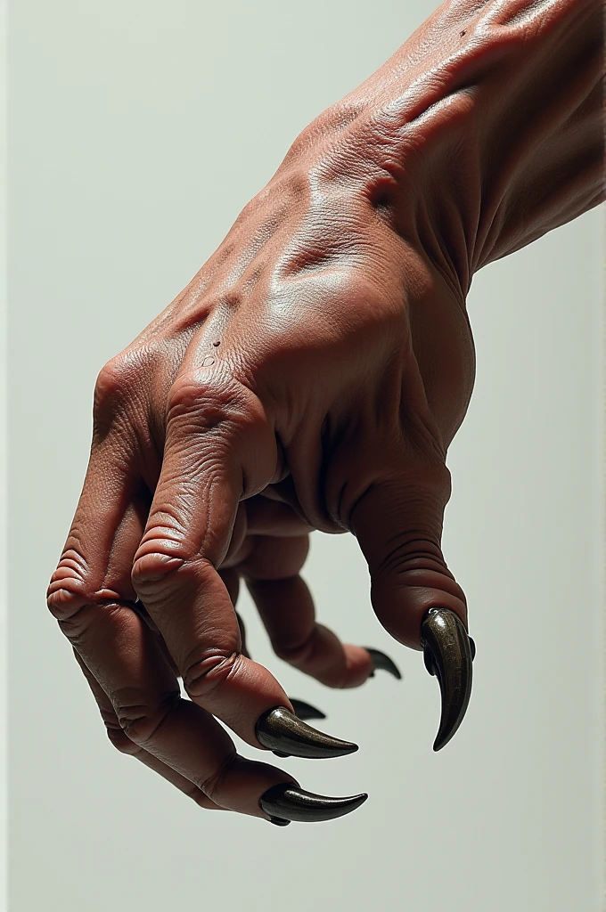 A life-sized demon hand slowly descending toward a female navel on a slim naked female body. The hand should be highly detailed and realistic, with its demon scales and delicate body clearly visible. The female navel should be in focus, with sharp details such as the navel and the texture of the stomach. The scene should convey a sense of closeness and tension, capturing the moment as the demon hand approaches the navel. She is naked. busty boobs, slim waist. Zoomed out shot. Full body view