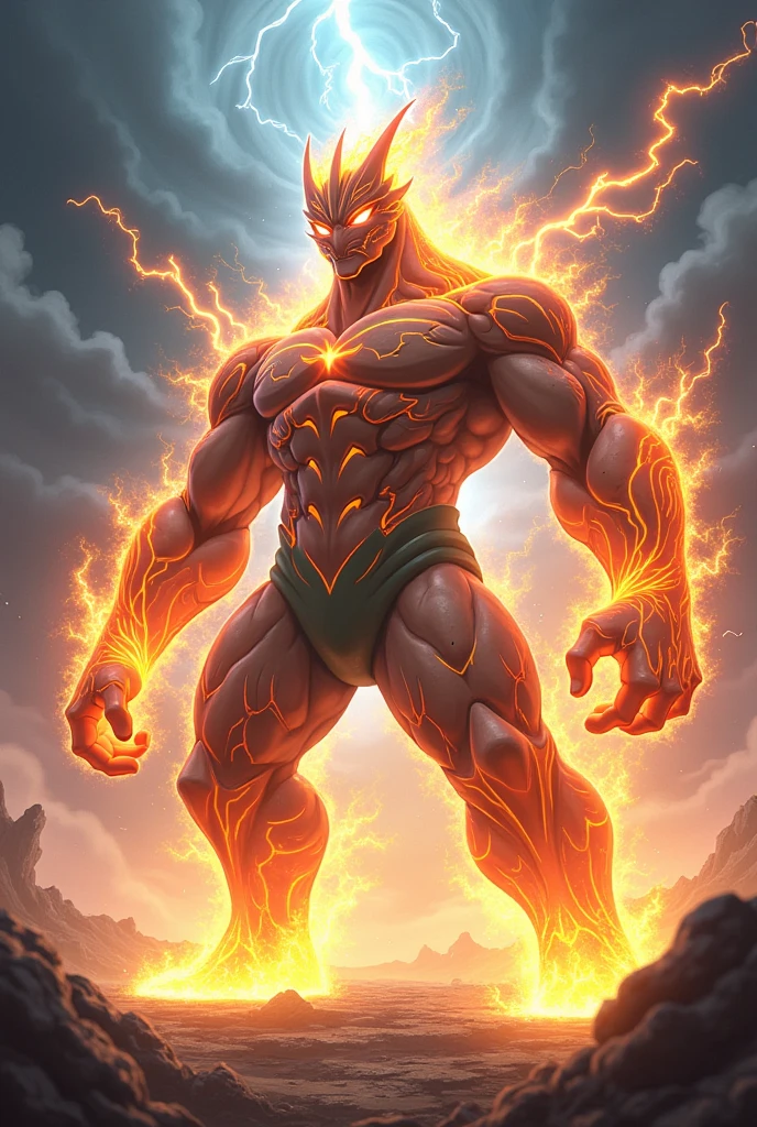 A fierce humanoid elemental composed of roaring flames, standing atop a charred, rocky plateau under a stormy sky. Its body is a mass of intense, ever-changing fire, with tongues of flame constantly flickering and dancing across its form. The face is sharp and angular, with glowing, ember-like eyes that burn with an inner intensity. The head is crowned with a mane of flames that rise and fall like a living inferno. The torso is powerful and muscular, with the chest and arms made of tightly coiled fire, radiating heat and light. The hands end in claw-like fingers made of solidified magma, glowing red with heat. The legs are sturdy, with the feet leaving behind scorched earth wherever they step. The overall form is dynamic and fierce, embodying the destructive power and raw energy of fire. The background is a desolate, charred landscape with smoke rising from the ground and distant lightning illuminating the sky, emphasizing the elemental's connection to the primal force of fire.