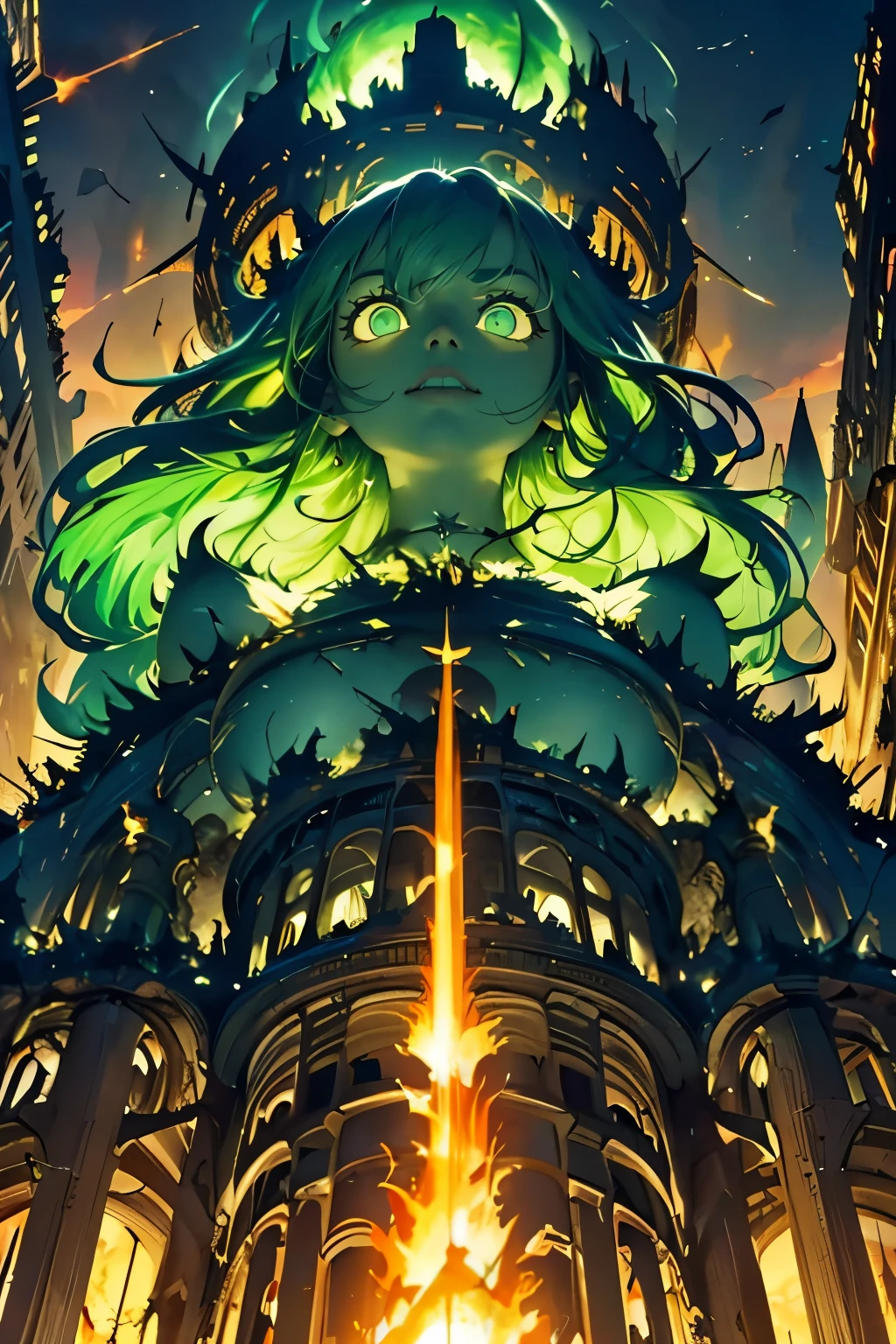 destroyed city, angle from below, (100 meter tall huge goddess floating, emits light from all over the body, last judgment, light-green flame, lost pupils, drooping eyes, realistic skin),