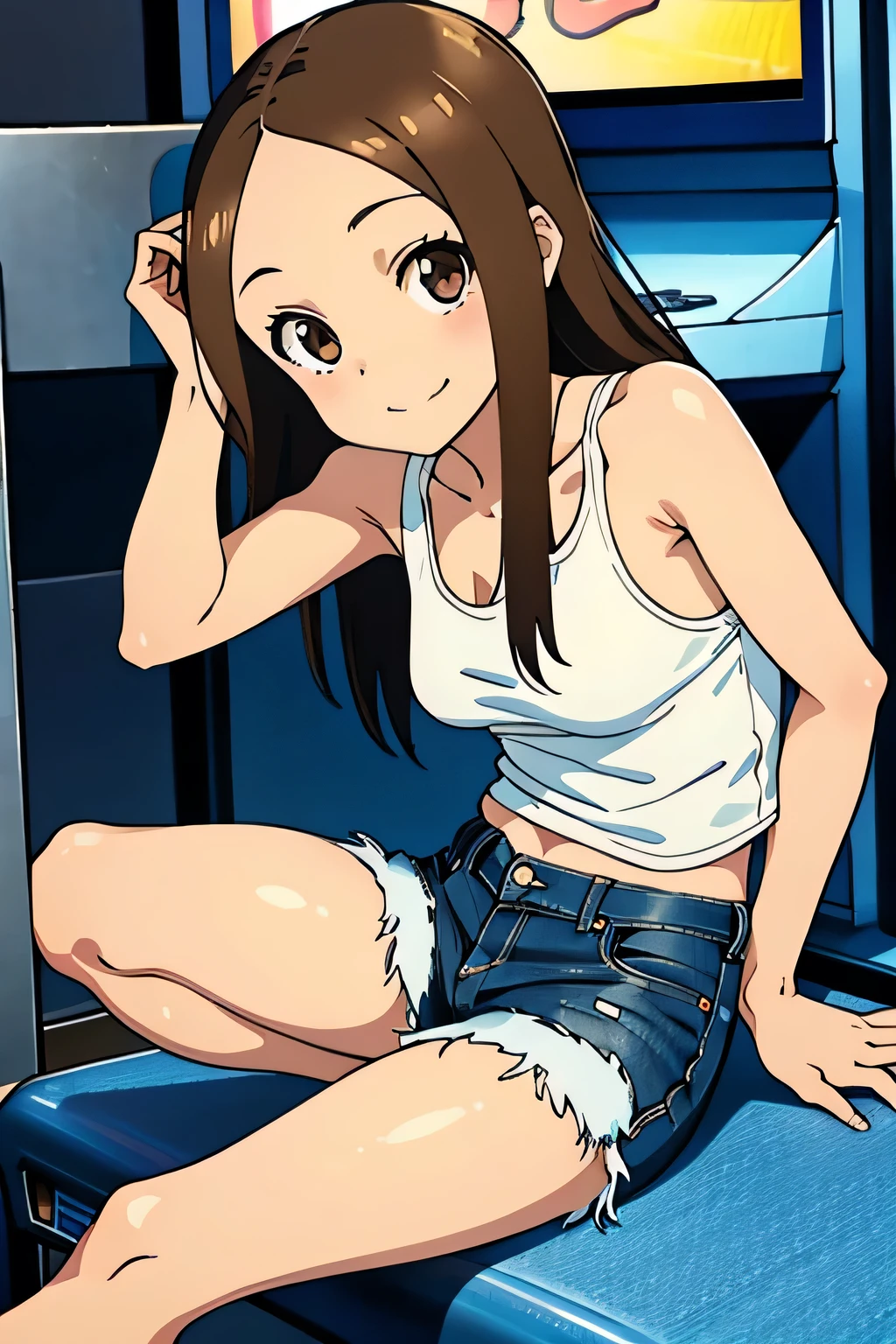 masterpiece, Highest quality, Adult women,Very detailed,,Show your armpits,Black eyes,European facial structure,,Natural Beauty,Cinematic,Breasts are moderately sized 10.0,Spread your legs,Lift your legs,An expression of joy,Sexy pose,Sticking out her tongue and begging,Open Mouth Smile,squat,White, pink and purple sportswear,At the athletics stadium,belly button,Cleavage,