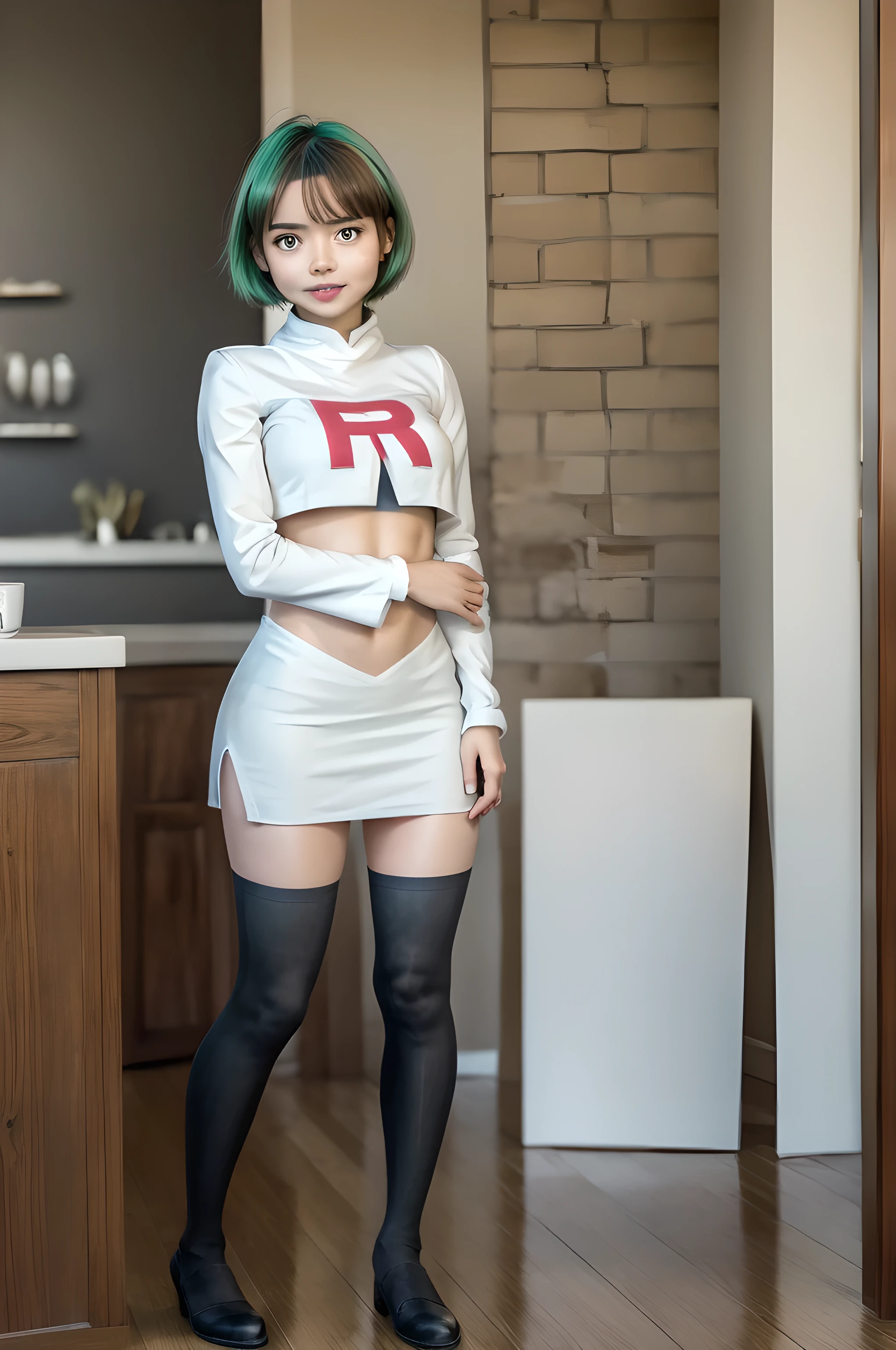 Cute girl, gardeniass, short messed green hair, brown eyes, round face, standing in coffee shop, sunset, toothy smile, without bangs, random pose, natural lighting, game of shadows, (masterpiece:1.2), (realistic:1.5), UHD, award winning photography, imperfect skin, detailed face and skin, glossy skin, full body, sexy, Cosplay_TeamRocket, white jacket, cropped jacket, white mini skirt, elbow gloves, black thighhighs, zettai ryouiki, tiny clothes, tight clothes