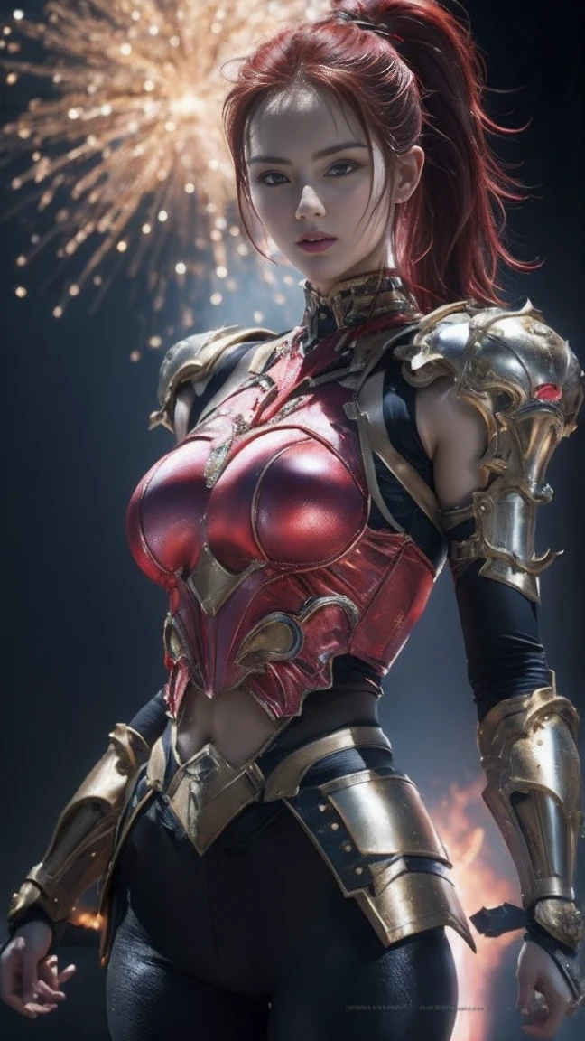 (masutepiece), Professional , ​masterpiece、top-quality、photos realistic , depth of fields （Gemstone Black Metal Body:1.９),(Matte Black、（cleavage of the breast）、Dragon Gold Weapon（Dragon Metal Body:1.４),Gorgeous Silver Weapons ,（（ Dragon's dense and gorgeous sword）） , Beautiful knife   ,warhammer 40k , adepta sororitas,Detail and gorgeous crown、（（Red hair））、（Castle background）、、（（Gangle's forest background））、Beautiful Caucasian beauty、１a person、dynamic ungle,(((Detailed and ornate Black Devil Crown)))、Smaller head、A smile、Castle background、Thin and beautiful female hands、cleavage of the breast、Soldier in iron armor on background、Mystical expression、Light Effects、intense fighting、Wind-effect、magic circles、With the legendary magic wand、（demonic wings）、