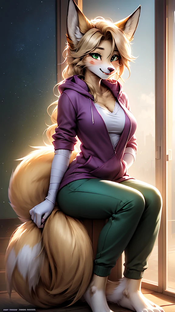 ((1girl, furry fox girl, furry kitsune girl, fox ears, animal ear fluff, fox tails, thick fluffy tails, large tails, nine tails, [tails attached to tailbone], kyuubi, kyuubi kitsune)), teenager, long hair, blonde hair, wavy hair, pony-tail, (green eyes), Emerald green eyes, starry eyes, smile, light smile, bandage on nose, parted lips, kitsune hoodie, cargo pants, modestly dressed, pants fully cover legs, cute, beautiful, athletic, starry eyed, loving, light blush, clean fingers, well-formed fingers, high detail, romanticism, film lighting, ray tracing, motion rye, uhd, high detail, top quality, 8k, sitting down, safe for work, facing viewer, no extra limbs, mommy-like, motherly, medium bust, medium butt, medium hips, milf, naked,