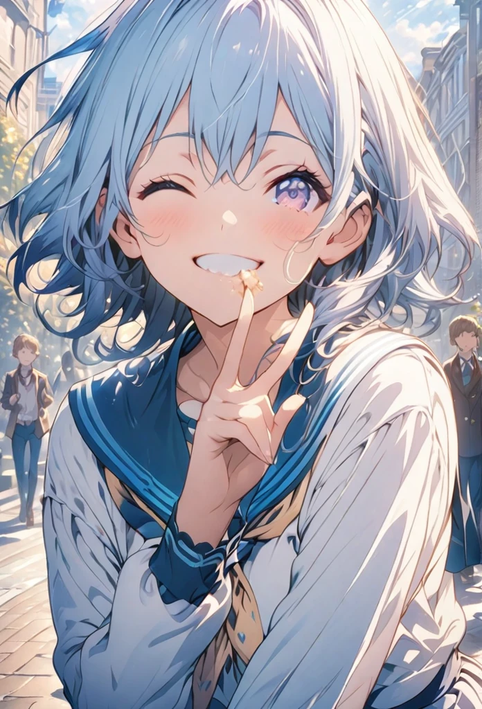 masterpiece, Highest quality, Highly detailed CG Unity 8k wallpaper, High School Girl Anime Illustration. Wear a uniform、She is making a peace sign while eating lunch、Blue Hair、she has her eyes closed and mouth open, smile. The background is a light pastel colored landscape.