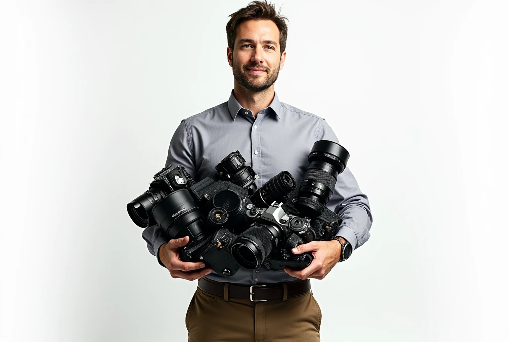 A Male Photographer,olhando a camera, corpo inteiro, em destaque, Carrying 10 SRL cameras on your shoulder, And sitting on a pile of cameras,fundo torre de control de avioes