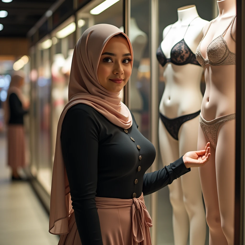 “A hijab teenage girl Margot Robbie was shopping for bras in a cheap shop on the side of the road. She wore a simple long-sleeved dress and a light cream colored hijab. The shop was filled with various bras of various styles and colors, displayed on shelves. The woman is smiling and holding a pink bra while looking at the camera. The backdrop is filled with colorful and varied footwear options, creating a vibrant and lively atmosphere."