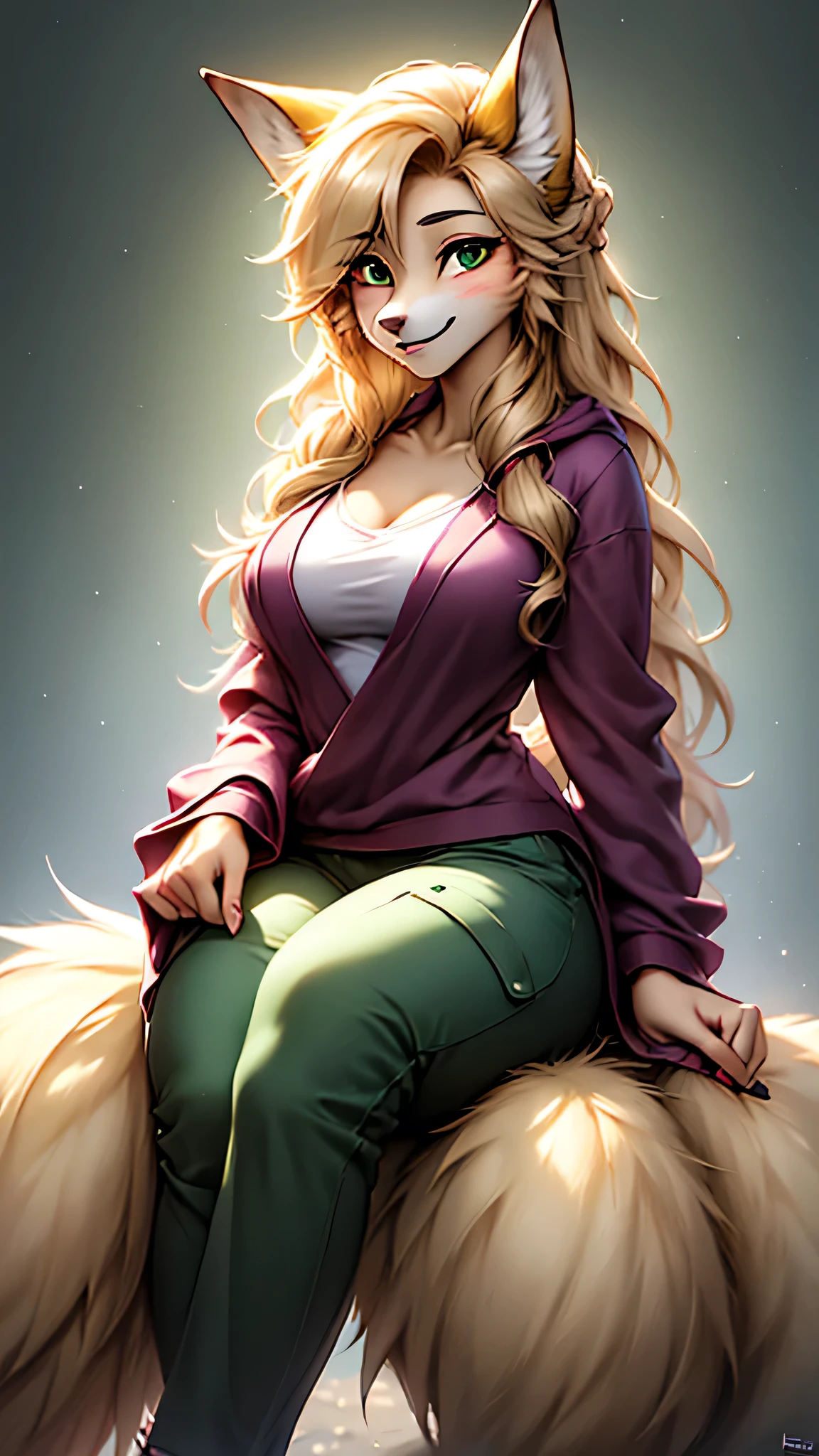 ((1girl, furry fox girl, furry kitsune girl, fox ears, animal ear fluff, fox tails, thick fluffy tails, large tails, nine tails, [tails attached to tailbone], kyuubi, kyuubi kitsune)), teenager, long hair, blonde hair, wavy hair, pony-tail, (green eyes), Emerald green eyes, starry eyes, smile, light smile, bandage on nose, parted lips, kitsune hoodie, cargo pants, modestly dressed, pants fully cover legs, cute, beautiful, athletic, starry eyed, loving, light blush, clean fingers, well-formed fingers, high detail, romanticism, film lighting, ray tracing, motion rye, uhd, high detail, top quality, 8k, sitting down, safe for work, facing viewer, no extra limbs, mommy-like, motherly, medium bust, medium butt, medium hips, milf,