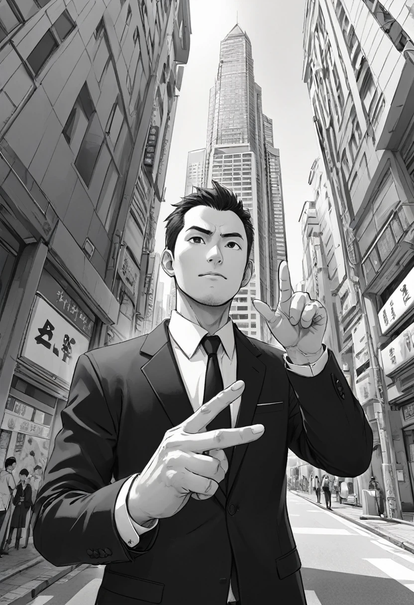 male、suit、Businessman、Black and White、Point your finger in the direction of travel、Manga style、Low - Angle、null、building、A sharp face