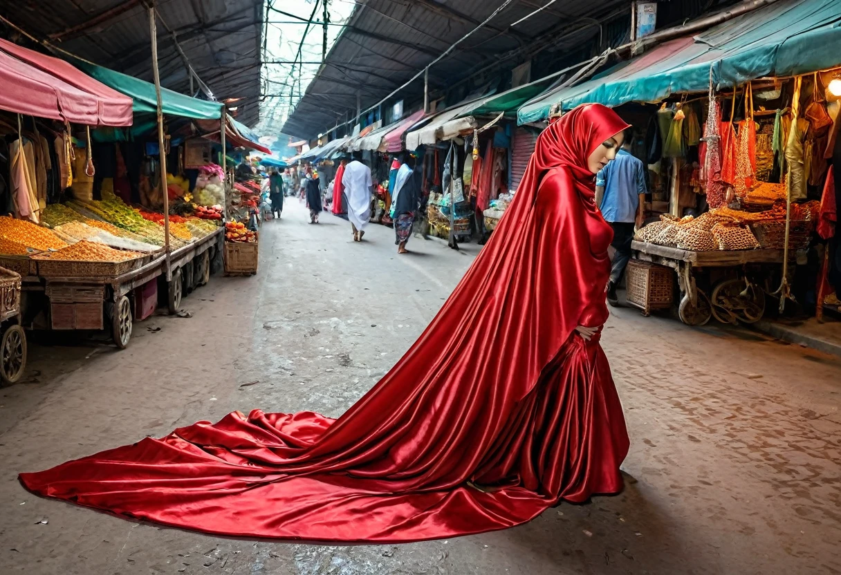 A woman shrouded in a 9-meter-long, plush red satin cloth, tightly bound and grandly draping along the form of her body, flowing off into a pooled floor-length train, styled in a mermaid-inspired outfit, her head modestly veiled in a satin hijab, 175 height woman, walk in wet traditional market, a full-body pose conveying a sense of elegance, captured in a 4k resolution, ultra-realistic