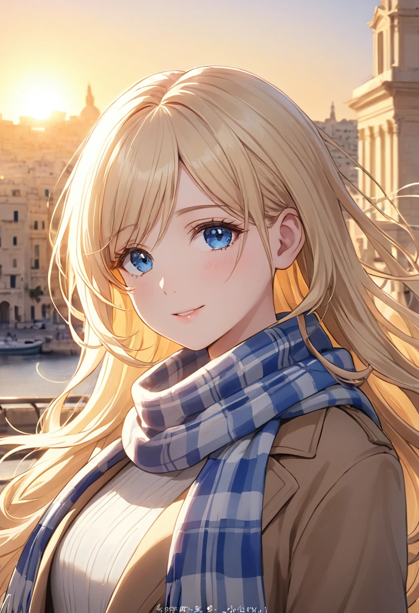 (masterpiece),(Highest quality:1.2),One Girl,(Masseter region:1.3),Exquisite detail, Highest qualityの8K解像度, Very detailed, Realistic, Vibrant colors, Soft tones, Warm and gentle lighting,(Beautiful checked scarf:1.3)(Brown long coat:1.2) evening,Big Sunset,(Smooth and straight blonde hair:1.2),(Hair parted in the middle:1.3),(Shiny Hair),(Dark blue eyes:1.3),White skin, Valletta,clock,Overflowing with a soft and gentle feeling,(The promenade is full of flowers),Light of the sun,Warm golden glow,Happiness and laughter,超高精細な描写とVibrant colorsにこだわる. A style that combines romanticism and realism、Depth of Love,Color Palette,The lighting is soft and diffused, Shine a gentle light on your face,この作品はmasterpieceだ,