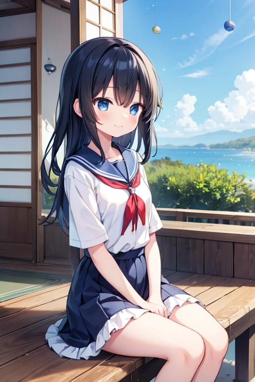 One girl, solo, Black Hair, Shortcuts, Hair blowing in the wind,blue eyes, blue sea,high school girl,(Sit on the veranda),wind chimes,Breeze,((Character profile)), blue sky,smile, Closed eyes, 