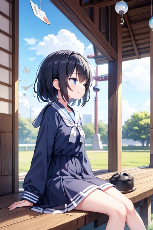 One girl, solo, Black Hair, Shortcuts, Hair blowing in the wind,blue eyes, blue sea,high school girl,(Sit on the veranda),wind chimes,Breeze,((Character profile)), blue sky,smile, Closed eyes, 