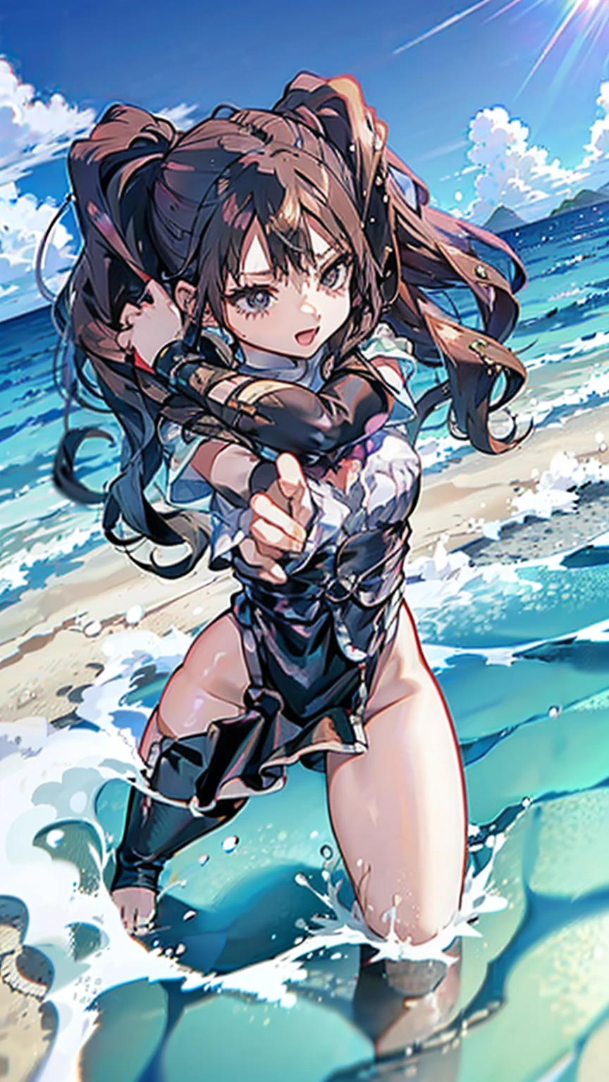 DRAGON BALL,kamehame_wave,kamehameha_kamehame_ha,tone,/(kantai_collection/),(((Having fun splashing around in the water at the beach))),in uniform,twintail_hair,closed_one_eye