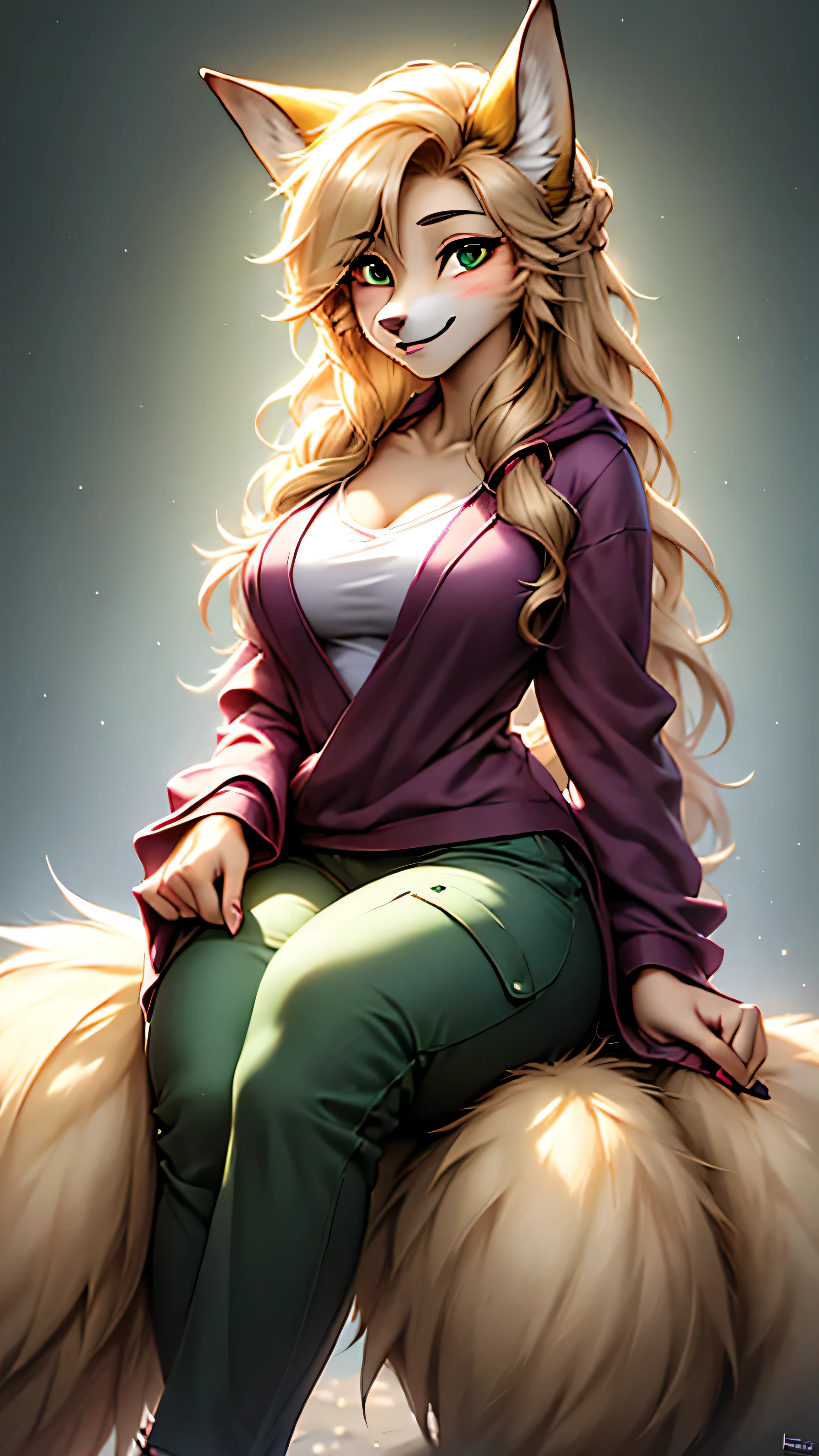 ((1girl, furry fox girl, furry kitsune girl, fox ears, animal ear fluff, fox tails, thick fluffy tails, large tails, nine tails, [tails attached to tailbone], kyuubi, kyuubi kitsune)), ager, long hair, blonde hair, wavy hair, pony-tail, (green eyes), Emerald green eyes, starry eyes, smile, light smile, bandage on nose, parted lips, kitsune hoodie, cargo pants, modestly dressed, pants fully cover legs, cute, beautiful, athletic, starry eyed, loving, light blush, clean fingers, well-formed fingers, high detail, romanticism, film lighting, ray tracing, motion rye, uhd, high detail, top quality, 8k, sitting down, safe for work, facing viewer, no extra limbs, mommy-like, motherly, medium bust, medium butt, medium hips, milf,