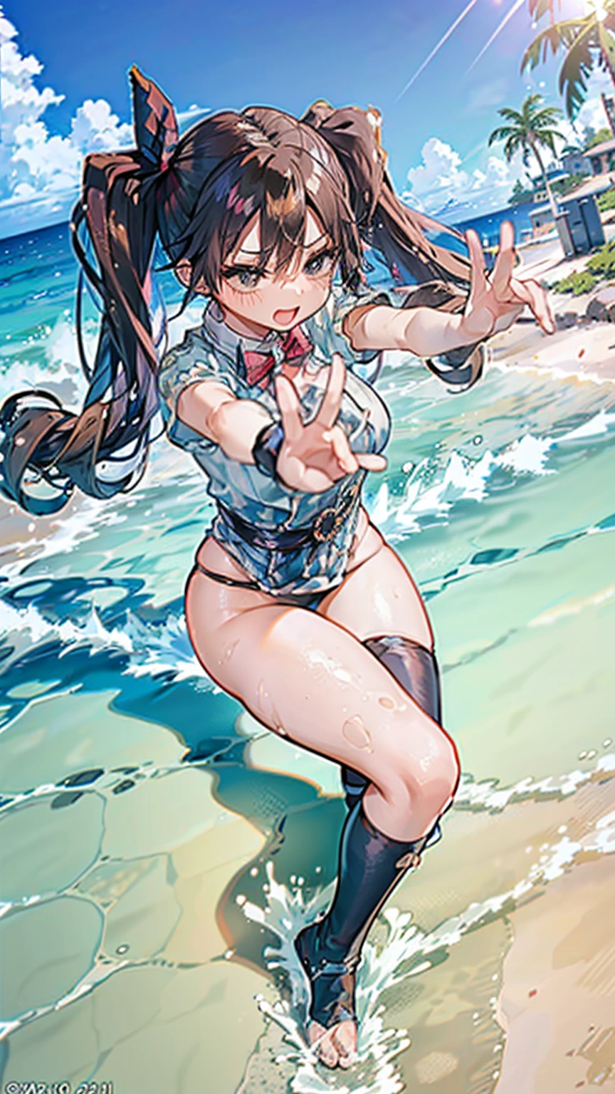 DRAGON BALL,kamehame_wave,kamehameha_kamehame_ha,tone,/(kantai_collection/),(((Having fun splashing around in the water at the beach))),in uniform,twintail_hair,closed_one_eye