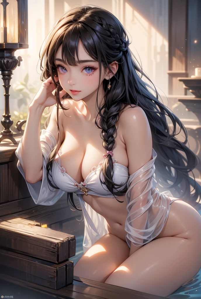 ((masterpiece)), ((Best quality)), (high resolution), (illustration), (an extremely delicate and beautiful), (ultra detailed beautiful face and eyes), nsfw,   1girl, leaning forward,  YukineChris, long hair, purple eyes, twintails, low twintails, ahoge, large breasts,volumetric lightning, 
detailed skin texture, detailed, volumetric shadow, anime screencap,Highest quality, Sorceress, ancient lonian nobility, ((tan skin:1.2)), (brown skin color),Long hair, twin braids, hair ornament, wine colored hair, smile, Below average size breasts, bare shoulders, Leg spread、Groin、Yukine Chris、Wet condition
nude、Wet_shirt,Wet _underwear、tear_underwear
8K, masterpiece, Best_quality, high_resolution, ultra_details, detailed, 1girl, 独奏, looking_at_viewer, upper_body, braid, bangs, white_hair, hair_ribbon, hair_between_eyes, 
sidelocks,depth_of_field,light_particles,、french_braid, sharp focus, perfect hands, perfect face, perfect eyes, perfect light, dynamic light, natural light, Masterpiece, Best quality, 
