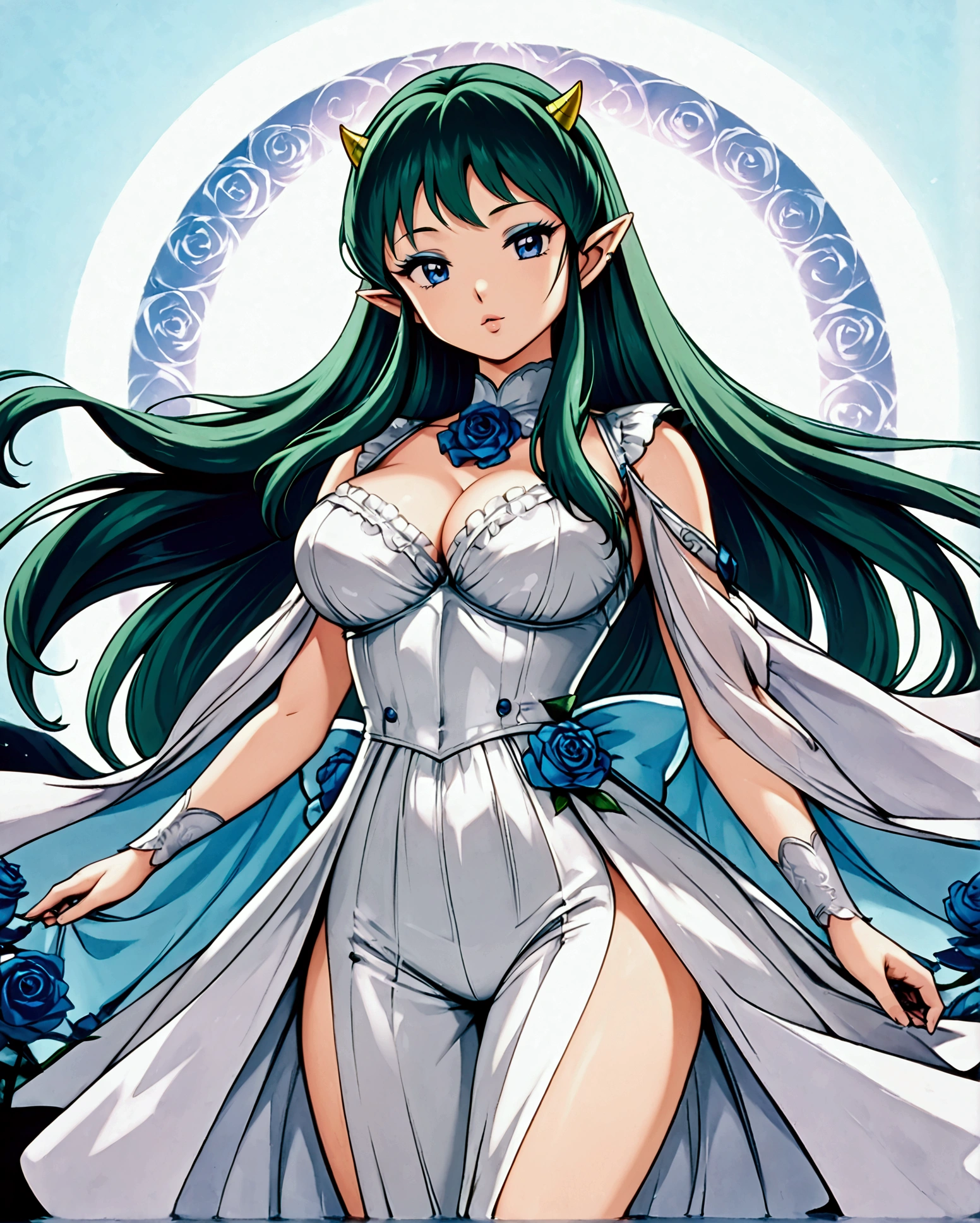 Score_9, score_8_up, score_7_up, 1980's style, JK, retro, source anime, flat color, (masterpiece), (best quality), (ultra-detailed), top quality, official art, 8k wallpaper, very detailed, (an extremely delicate and beautiful), (intense colors), (dramatic lighting). lum, anime screencap, 1girl, low age, solo, dynamic angle, Beautiful, (nsfw:0.95), cute girl, green hair, blue eyes, yellow (tiny horns), pointy ears, aqua hair, eyeshadow, gorgeous girl, kawai girl, cute face, white dress, egyptian, large breasts, realistic skin texture, blush, looking at viewer with naughty face half-closed black eyes, cameltoe sweat, dark graveyard pale moonlight with fireflies in the air, clear sky full moon, cinematic shiny highly detailed, close up