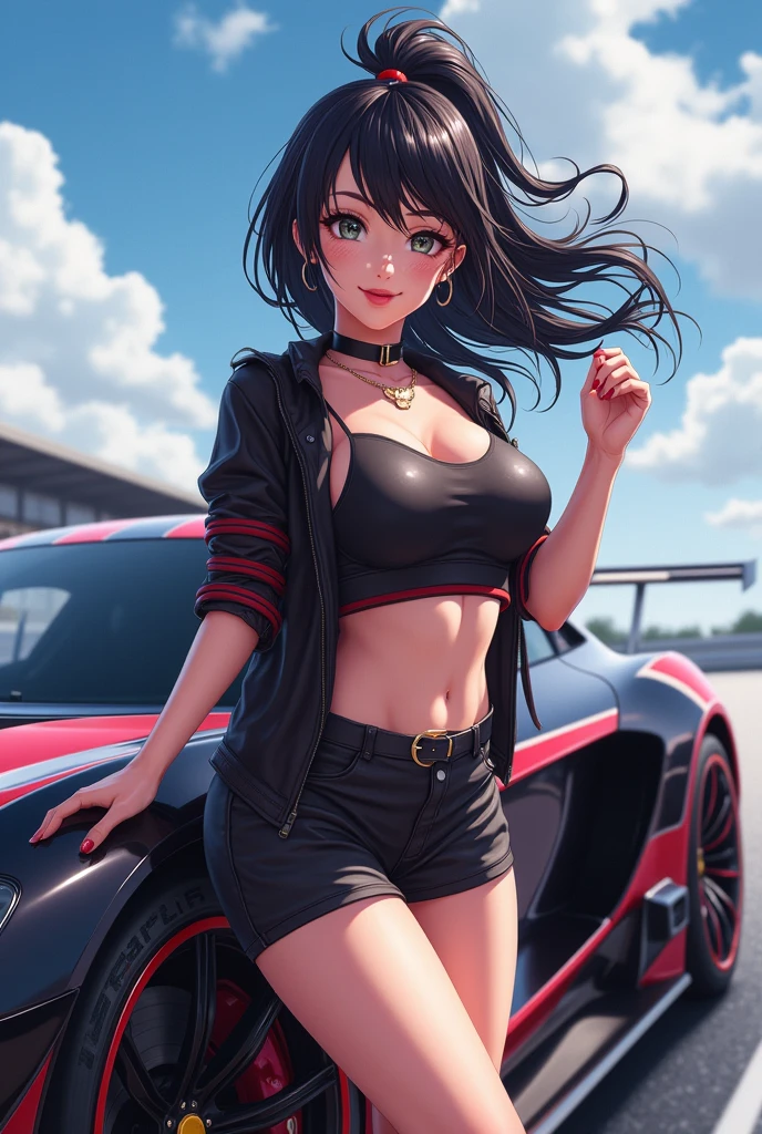 sexy paddock girl ,{{{{{ badly torn leotard}}}}} ,trying change clothes , shooting from the front, motorsport, bare belly button, bare shoulder, ,off shoulder, ultra-thin pants, full breasts, {{{large breasts}}}, {{{{{{ comic magazine}}}}}},unzipped,futuristic car