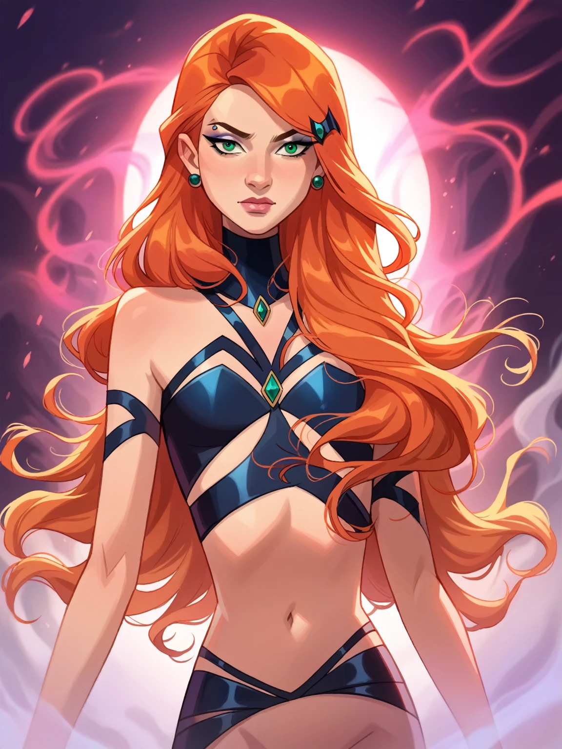 A beautiful, mystical sorceress Gwen Tennyson, extremely detailed, photorealistic, high resolution, 8k, intricate details, stunning midriff-revealing outfit, alluring and powerful pose, long, flowing hair, piercing gaze, dark fantasy, dramatic lighting, intricate magical symbols, rich colors, cinematic composition