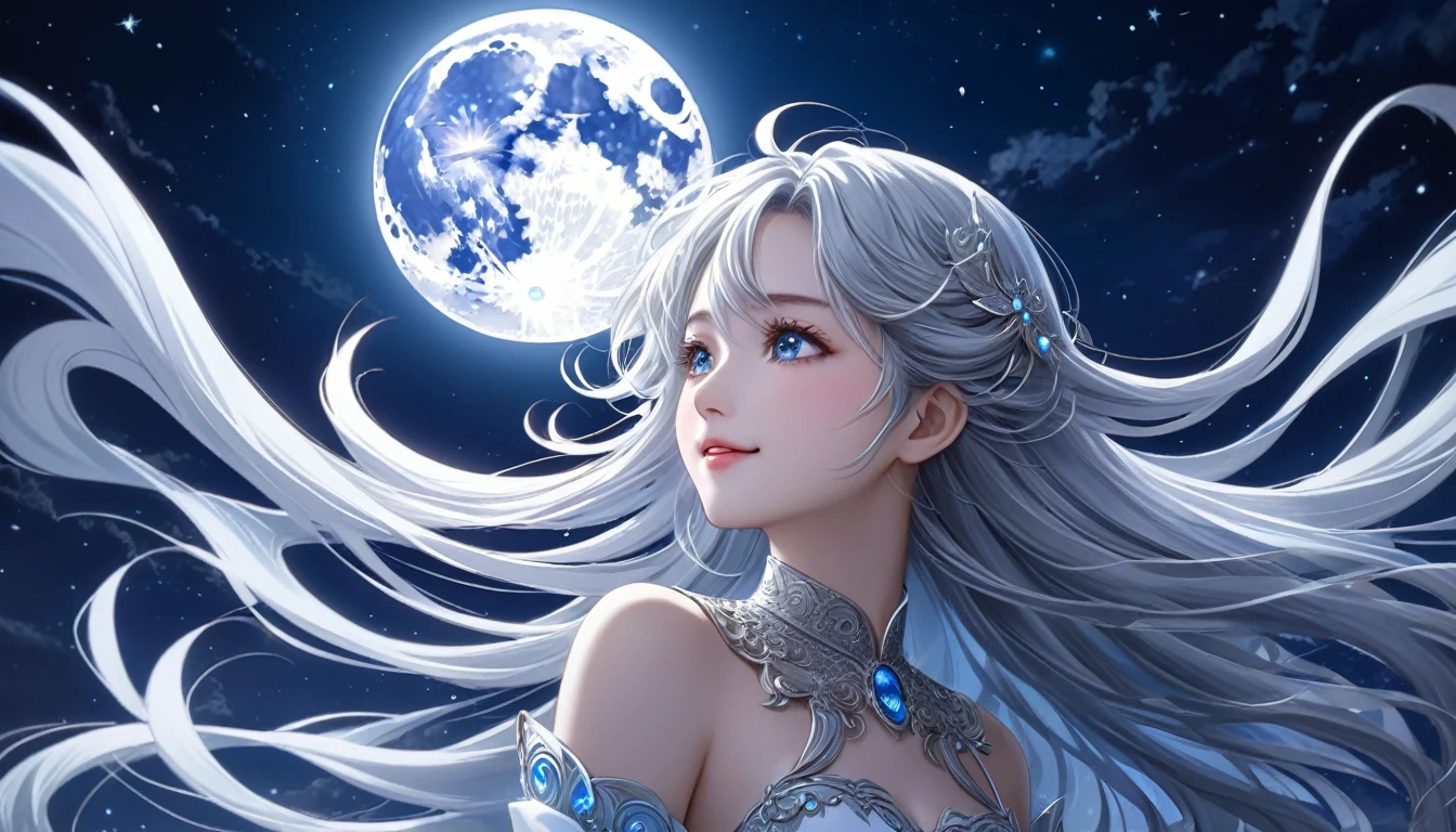 One person。Personification of the moon。Mystical Beings of the Night。Close-up。 masterpiece, best quality, ultra detailed (Detailed fingers), (Emotional), (Breathtakingly beautiful), (Highlights the fantastic glow), (main part: 1.2. Face and Hair。), (Anime Style), (Very detailed), (Moon Personification), (超High resolution, High resolution), (8k), (High resolution: 1.2), (Complex and beautiful: 1.2)** - background: Full moon floating in the night sky。 - character: Young woman, around 1、Hair and eyes reflecting the moonlight。 -expression: A gentle and mysterious smile。 - Effects: Her hair and eyes glow faintly in the moonlight.、Create a fantastic atmosphere。 -color: Silver、white、blue、Expressing the soft light of the moon。