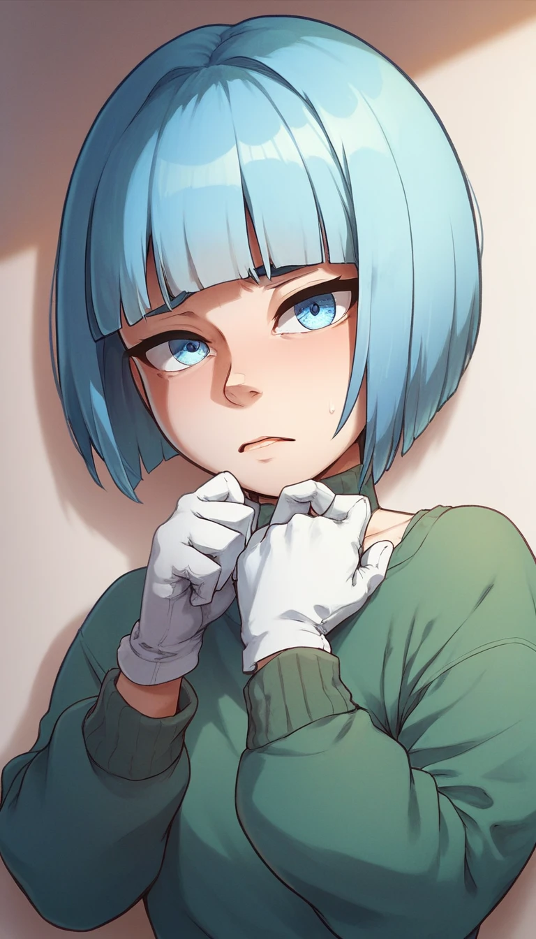 Kizi, hair light blue, Short hair bob cut, with bangs, green sweater, expression of sadness, depressive, eyes large, whitegloves, blue colored eyes