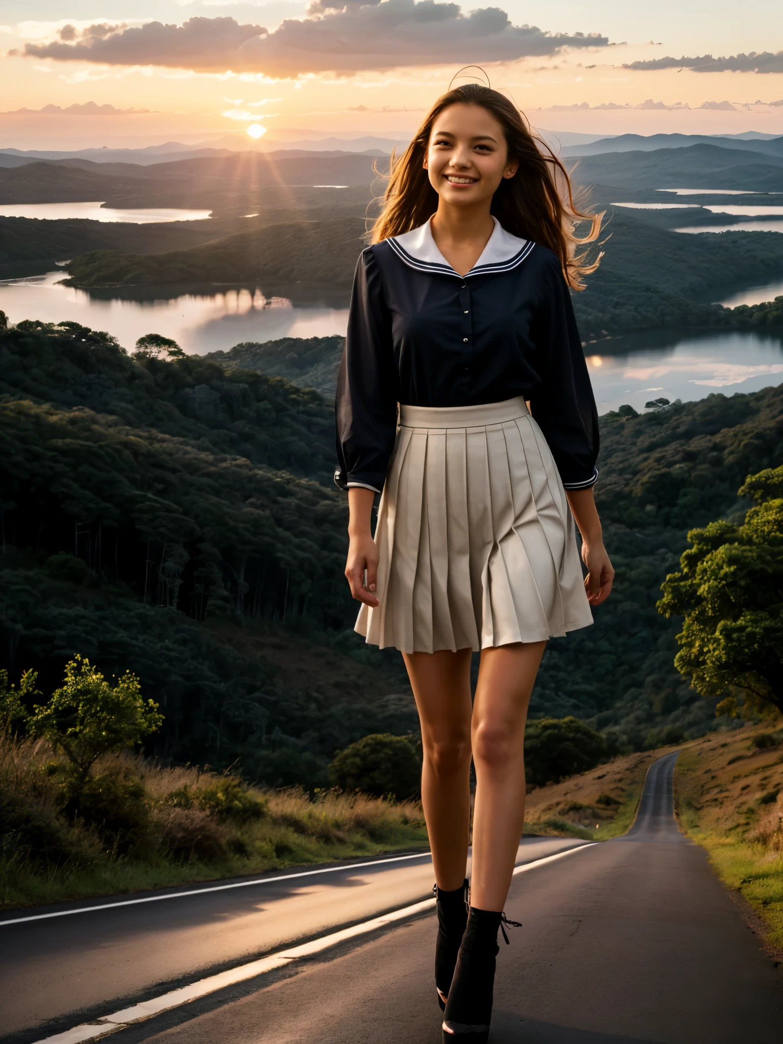 girl, standing, high heels, detailed face, looking at viewer, gentle smile, blushing, long hair, windswept, sharp focus, sailor collars, blouse, ribbon details, pleated skirt, (breathtaking dawn sky:1.2), twilight, hills, forest, high quality backlight shadow, rain forest, visible road, overgrowth,