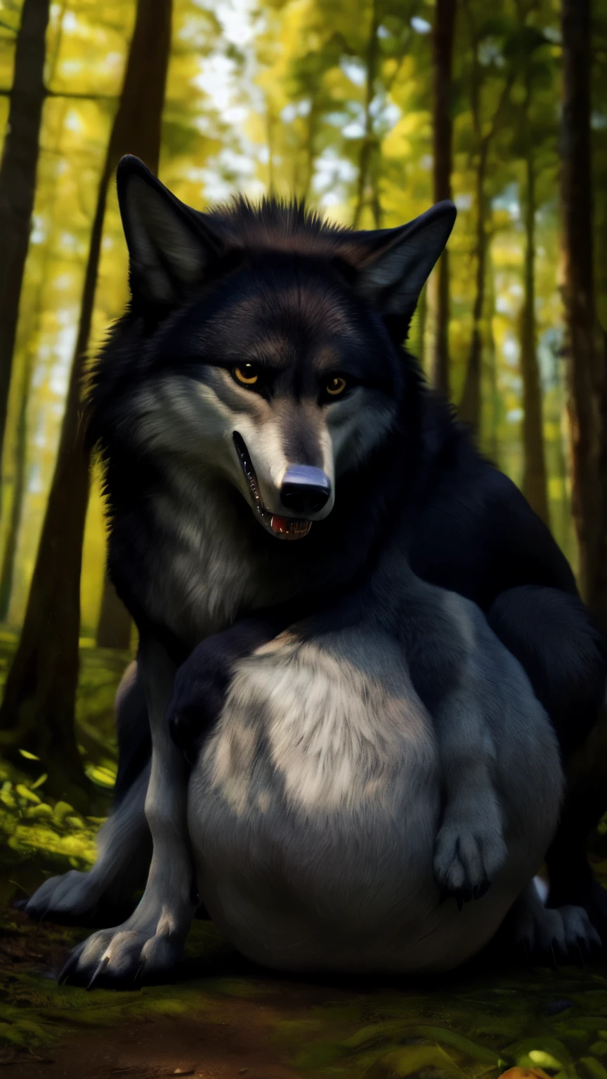 solo, high resolution, detailed, digital media \(artwork\), detailed fur, spittle, quadruped, (feral), (((big belly))), rumbling stomach, ((detailed background)), a lush green forest, ((vore)), (black fur), female, (standing), fluffy, furry, ((wolf)), (intricate, high detail, film photography, soft focus, RAW candid cinema, photorealism, realistic, photorealistic, analog style, subsurface scattering, masterpiece, best quality, ultra-realistic, 8k), canid, brown eyes, open mouth, burping, (beautiful detailed eyes :1.2), borpbod, sharp teeth, burp cloud, pleased, (panting), resting, maw, looking at viewer, ((lying)), (on side), 