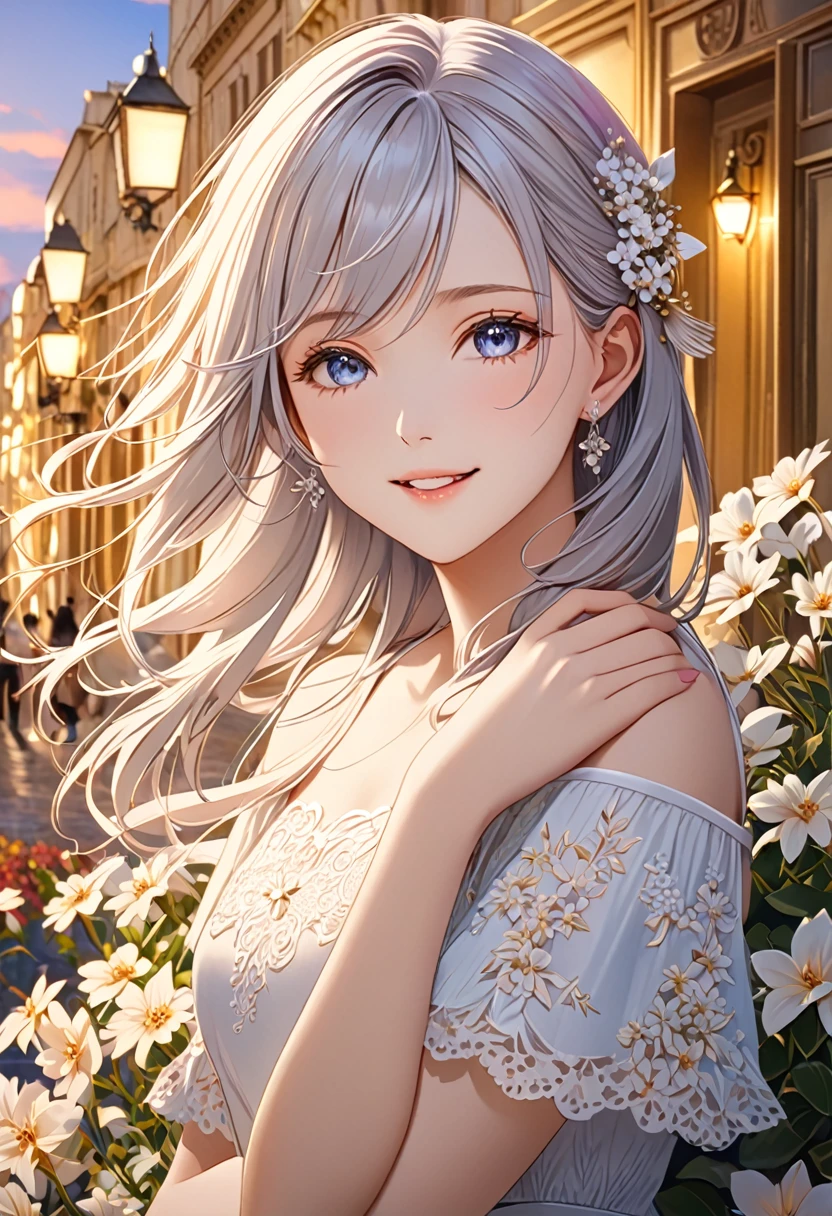 (masterpiece),(Highest quality:1.2),One Girl,(Masseter region:1.3),Exquisite detail, Highest qualityの8K解像度, Very detailed, Realistic, Vibrant colors, Soft tones, Warm and gentle lighting ,White skin, Valletta,clock,Overflowing with a soft and gentle feeling,(The promenade is full of flowers),,Warm golden glow,Happiness and laughter,超高精細な描写とVibrant colorsにこだわる. A style that combines romanticism and realism、Depth of Love,Color Palette,The lighting is soft and diffused, Shine a gentle light on your face,この作品はmasterpieceだ,