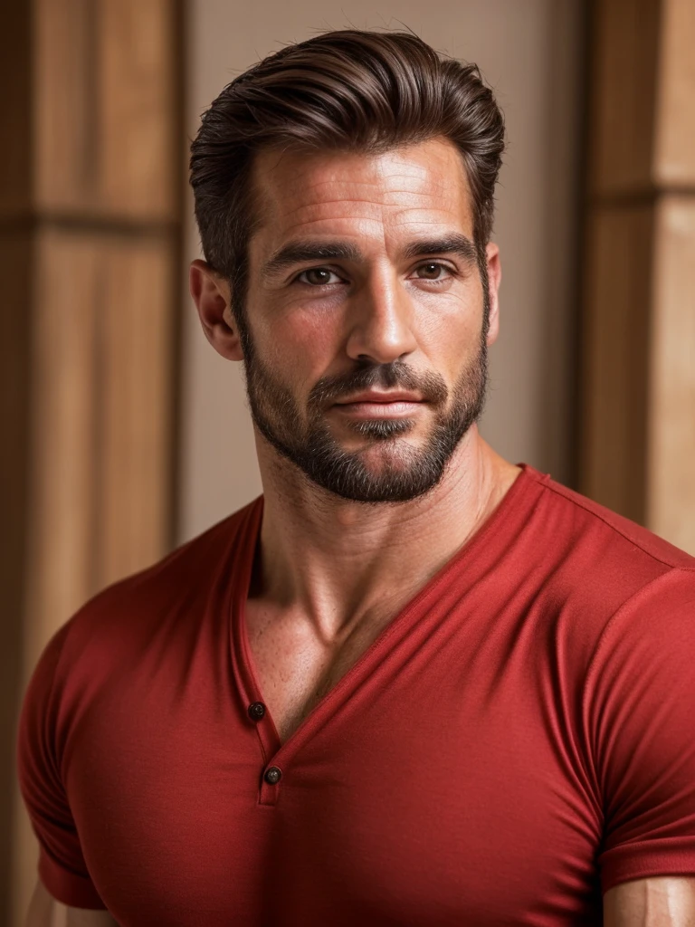 hair, portrait of a ruggedly handsome assassin, muscular, half body, masculine, mature, Retrato de un joven, Muscular very handsome and attractive italian men, A 40 years old male, Retrato de un joven, real, ( Man in the history ), business red shirt 